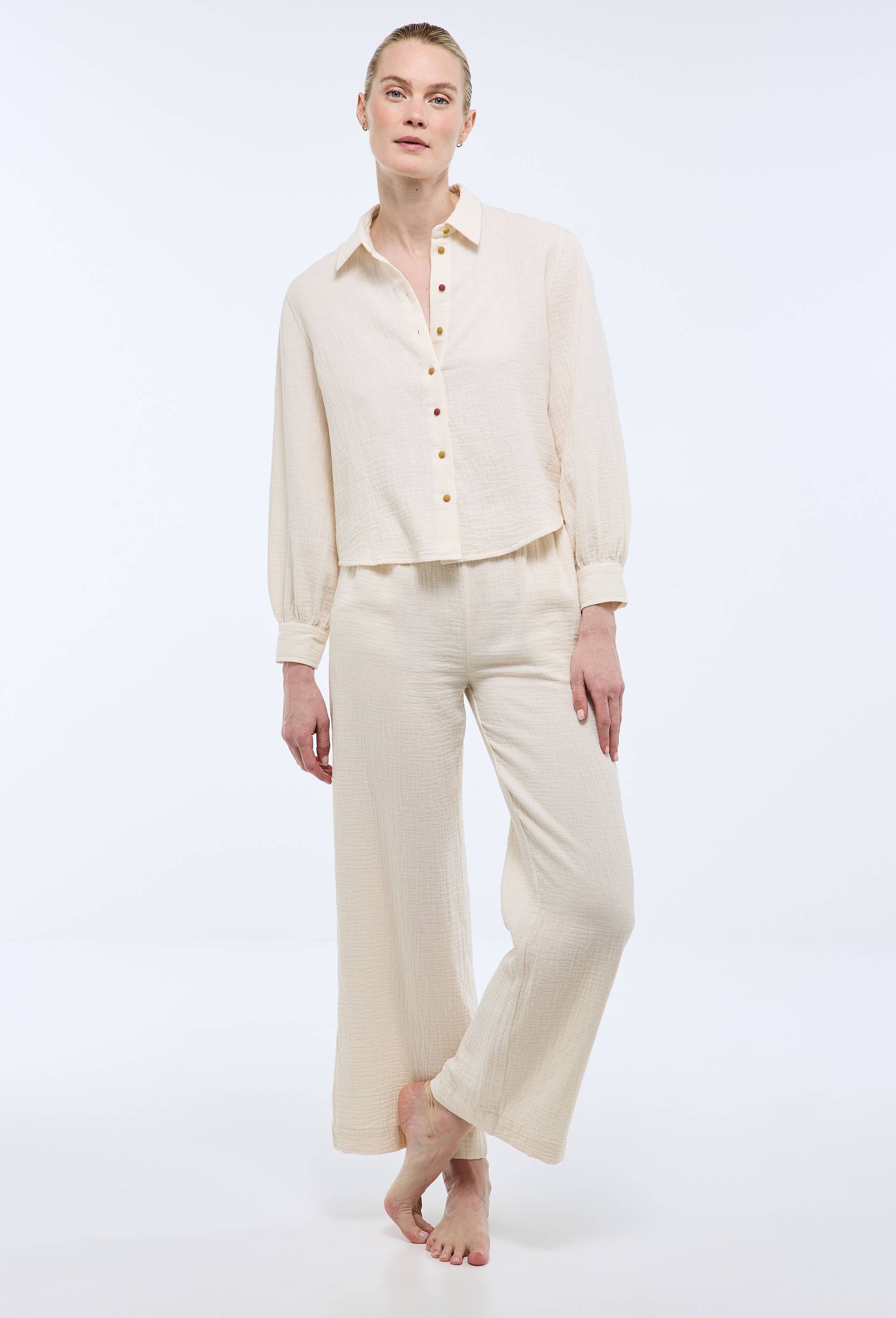 Pantalon uni en gaze de coton bio GOTS, Ecru, large image number 0