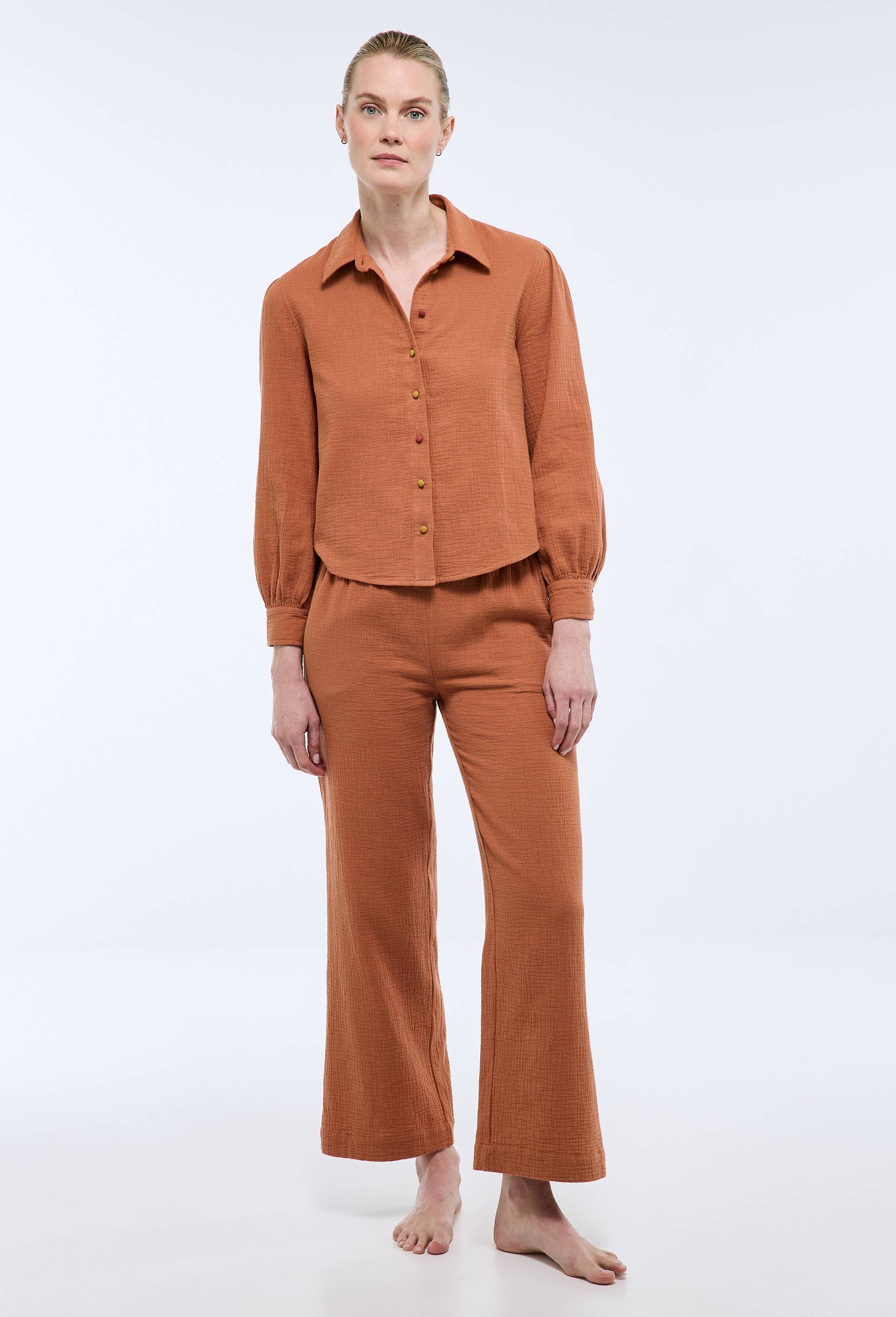Pantalon uni en gaze de coton bio GOTS, Brun, swatch image