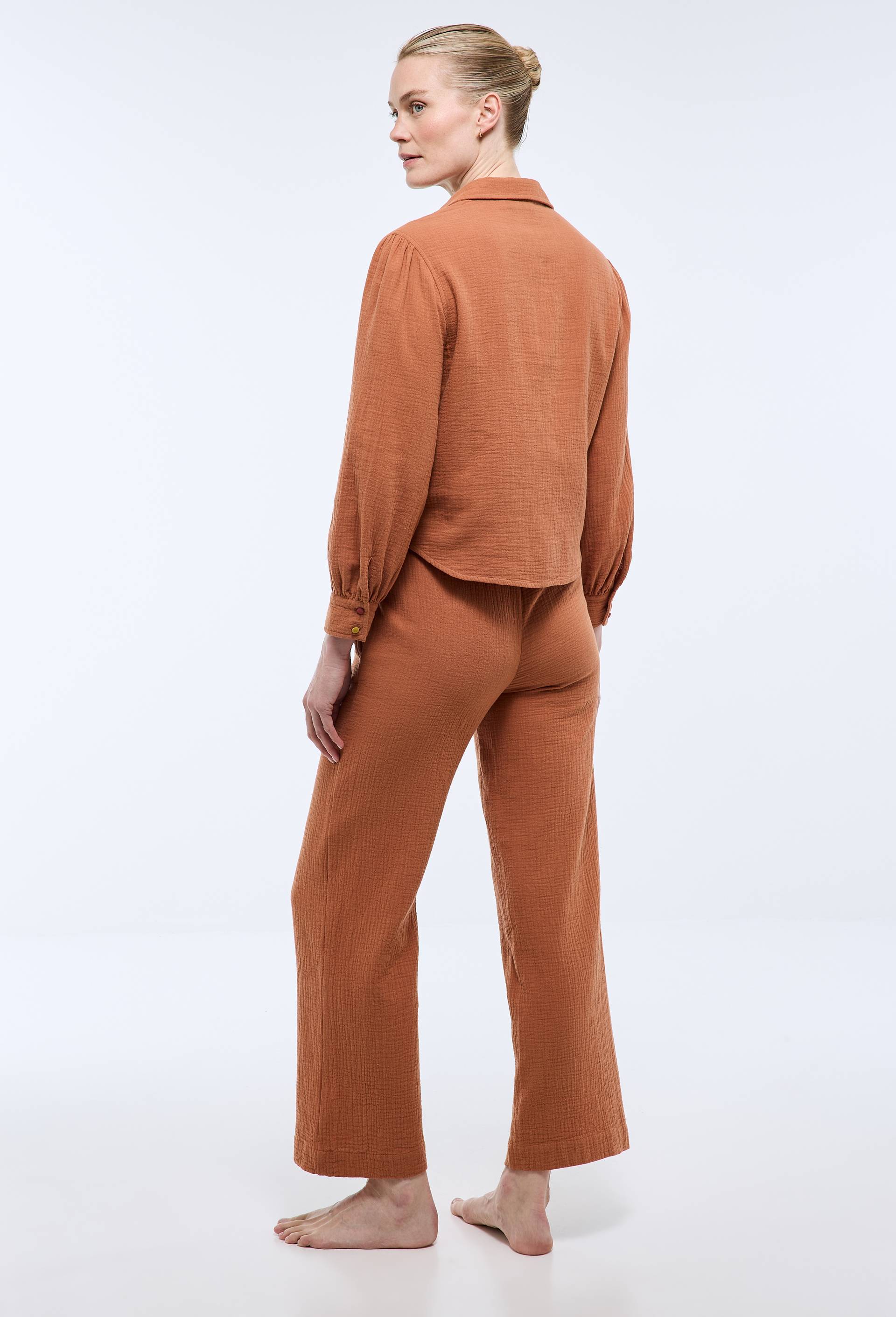 Pantalon uni en gaze de coton bio GOTS, Brun, large image number 1