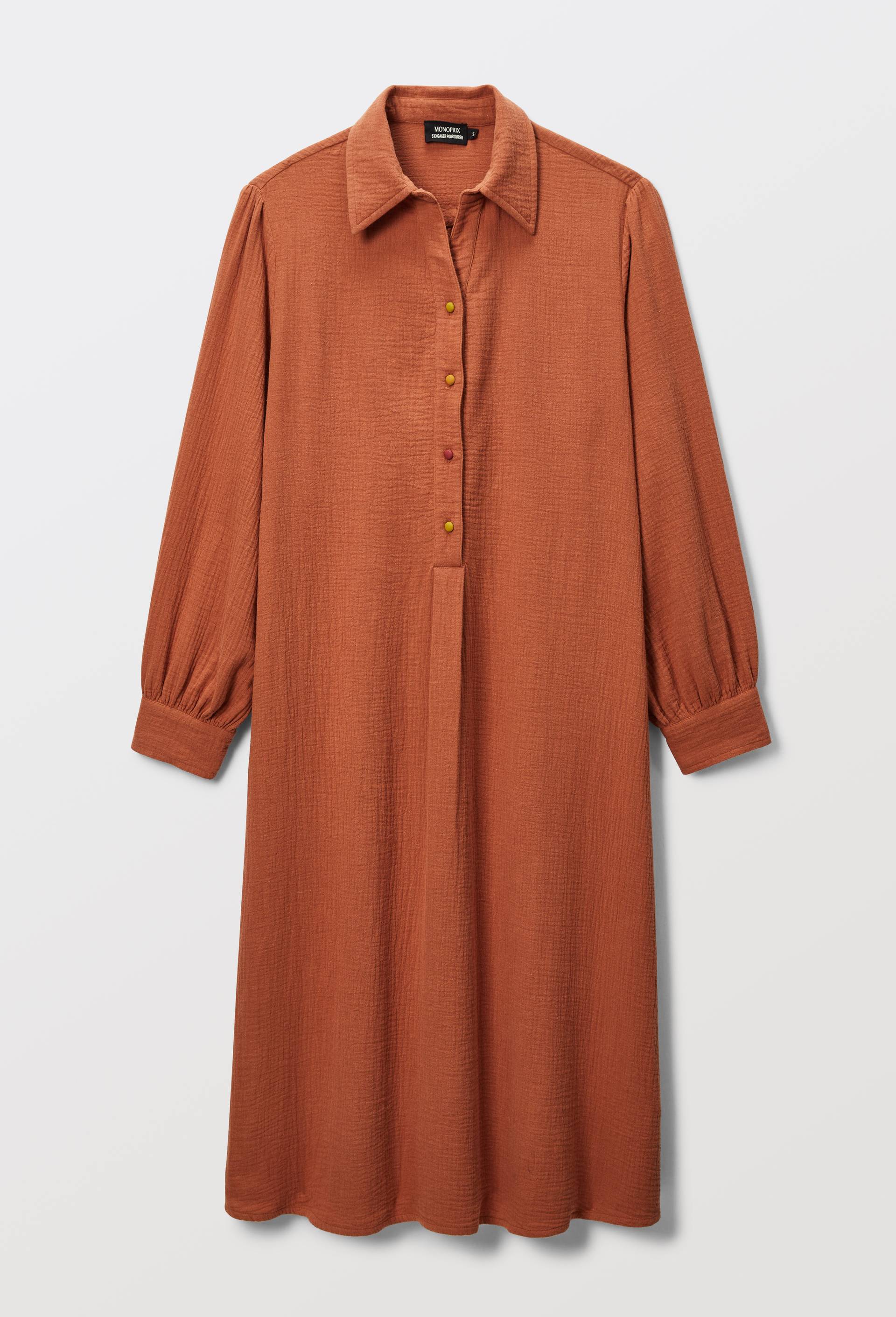 Chemise de nuit longue &agrave; boutons constrast&eacute;s en gaze de coton bio GOTS, Brun, large image number 2