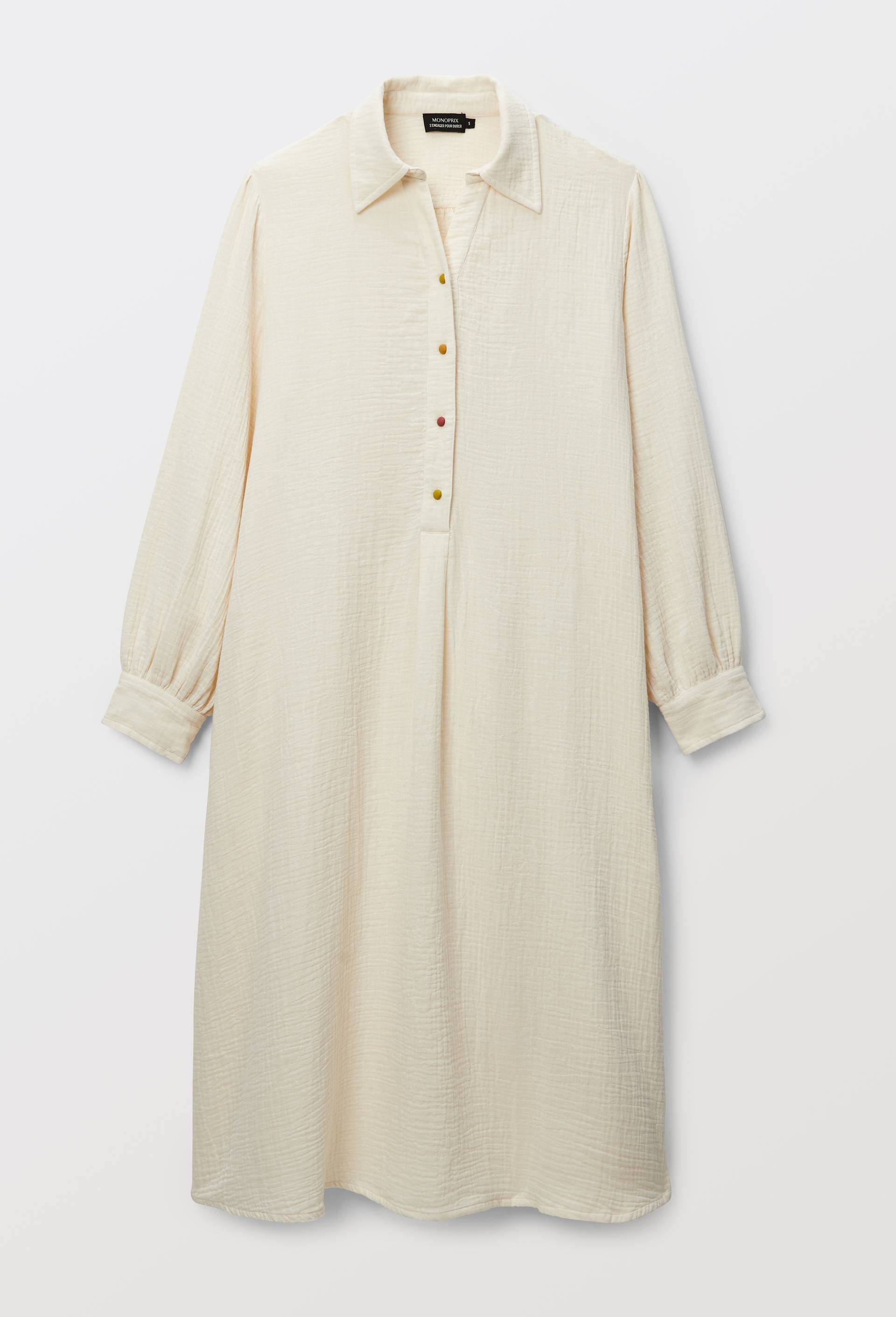 Chemise de nuit longue &agrave; boutons constrast&eacute;s en gaze de coton bio GOTS, Ecru, large image number 2.0