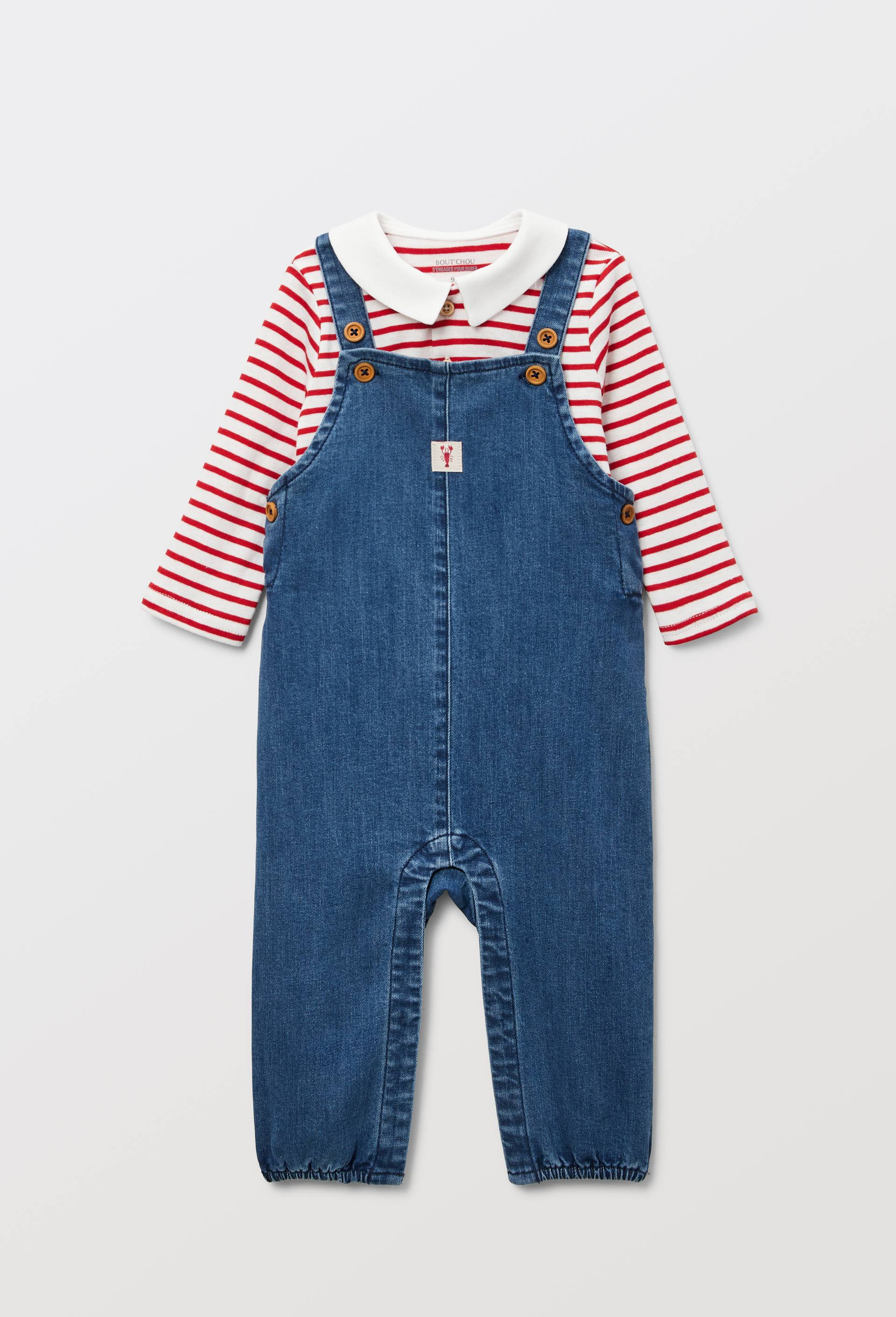 Ensemble salopette en jean et t-shirt ray&eacute; en coton, Bleu, large image number 0.0