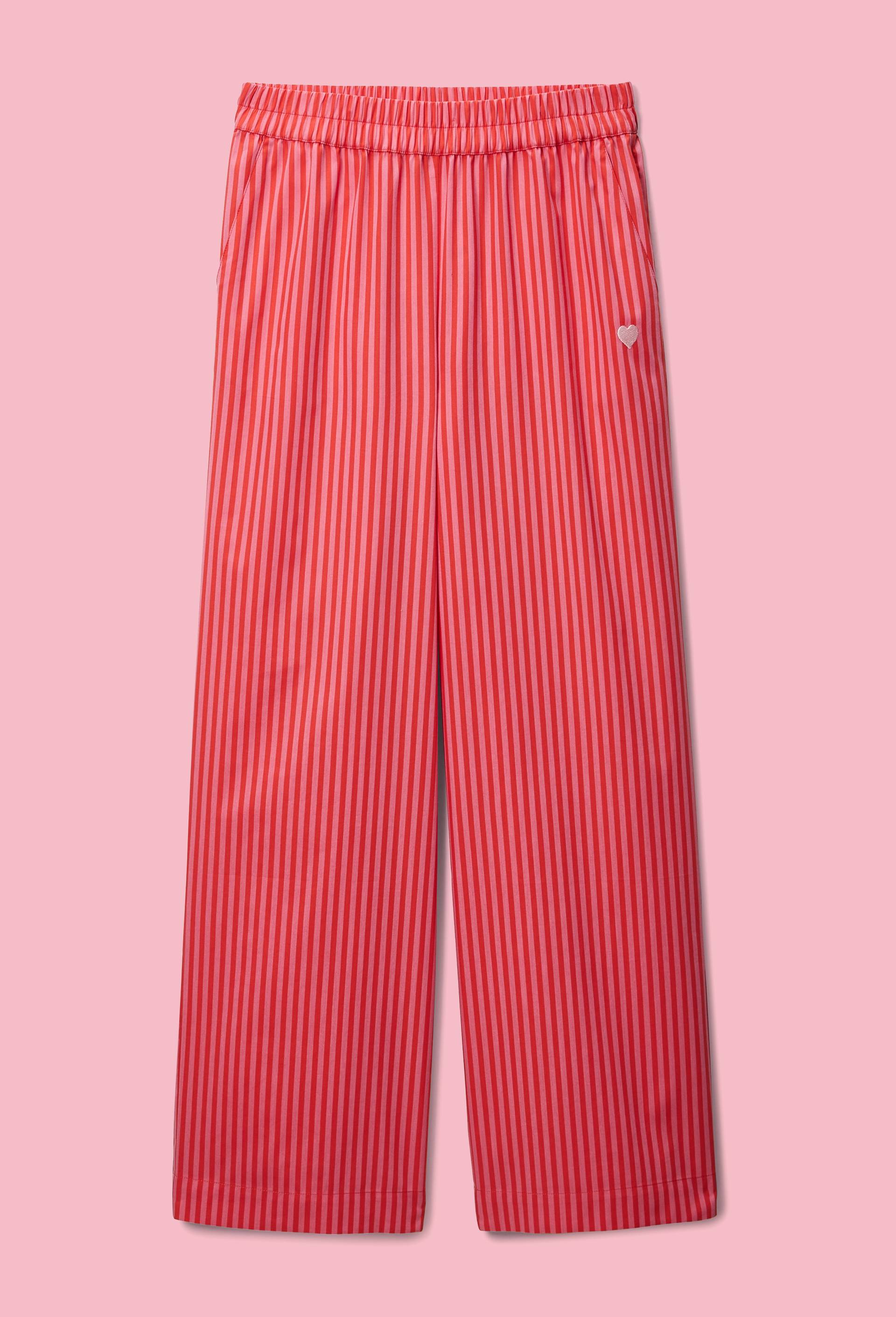 Pantalon ray&eacute; avec coeur brod&eacute; en voile de coton, Rouge, large image number 0