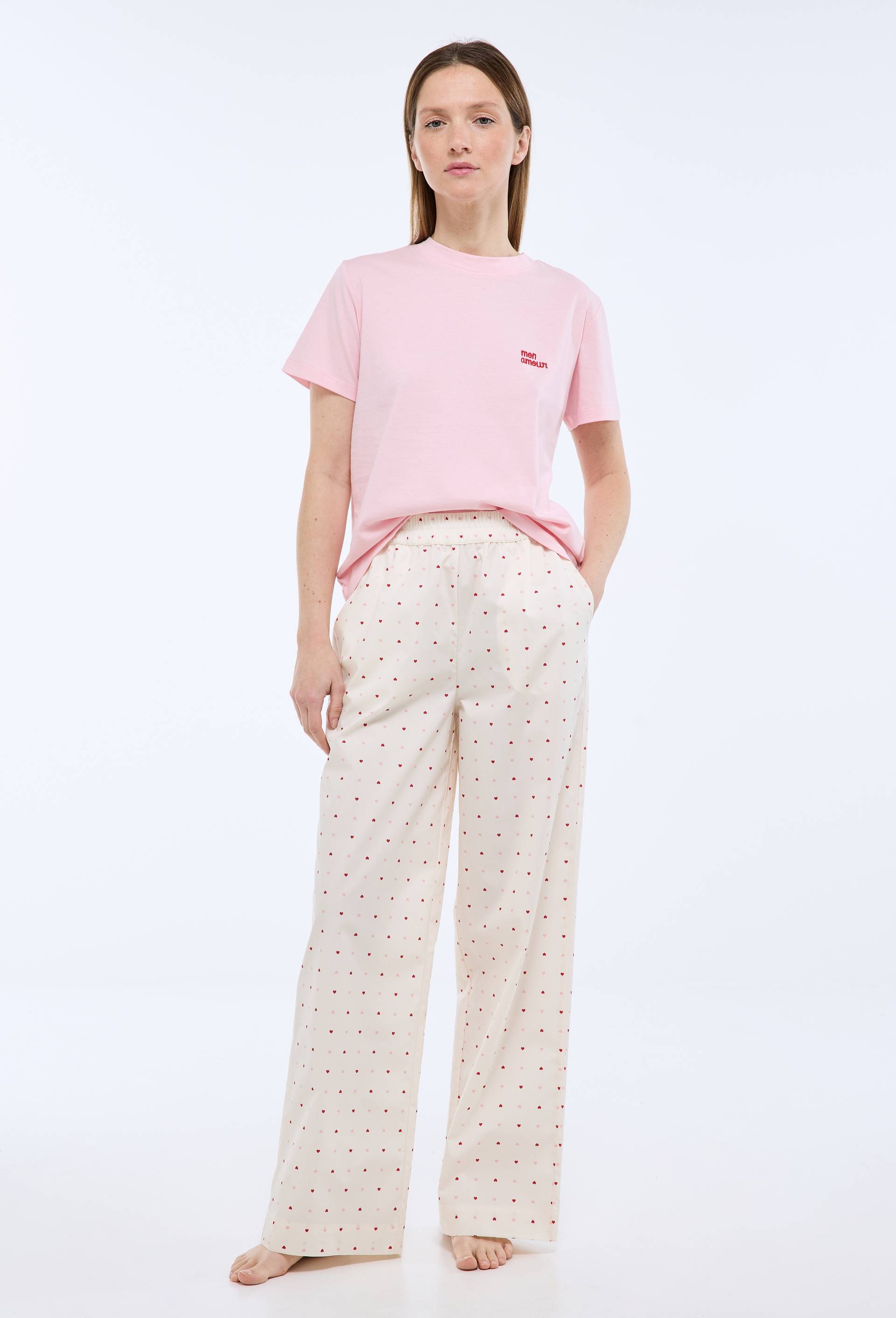 Pantalon imprim&eacute; coeur en voile de coton, Ecru, large image number 1