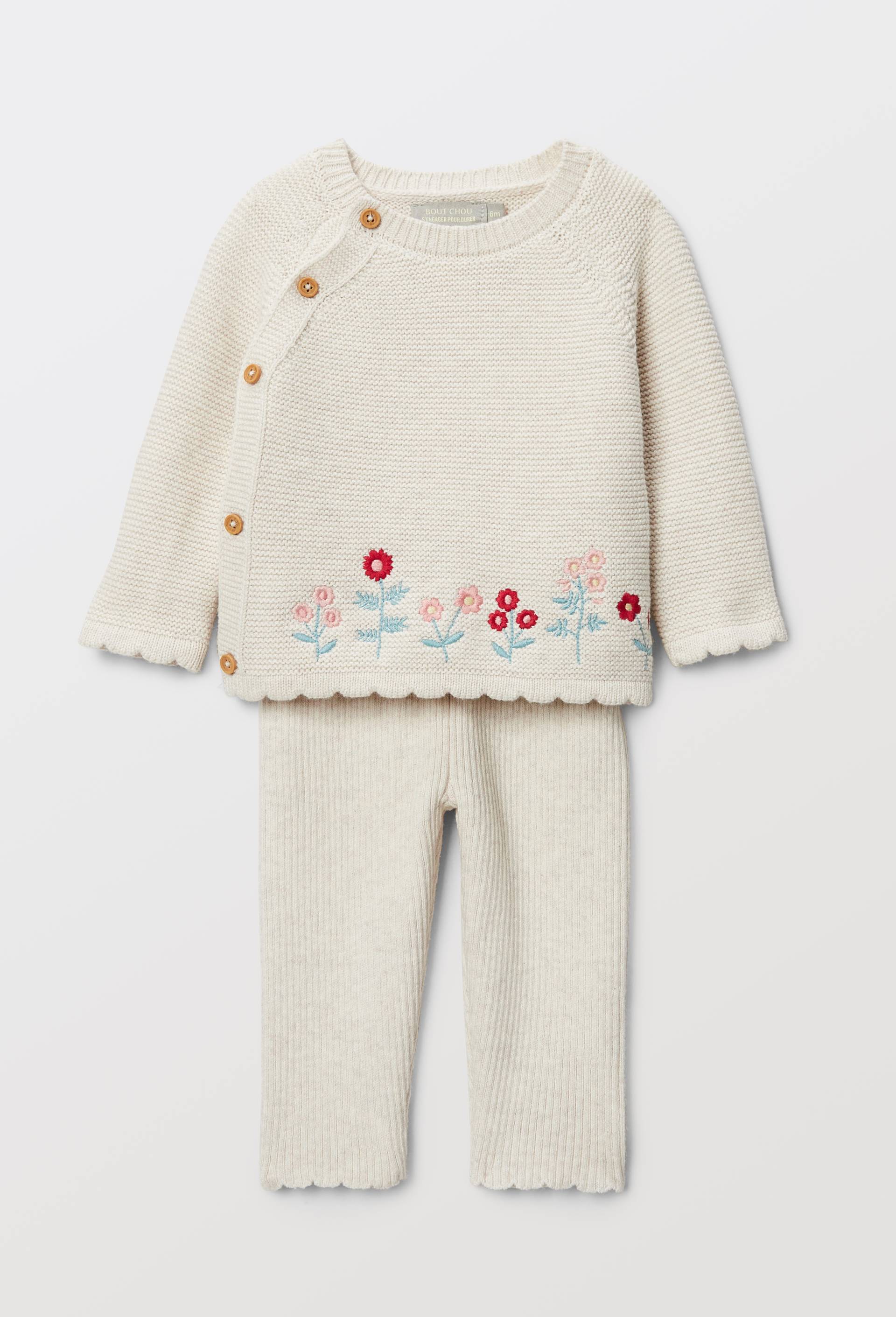 Ensemble pull brod&eacute; et pantalon en tricot point mousse, Ecru, large image number 0