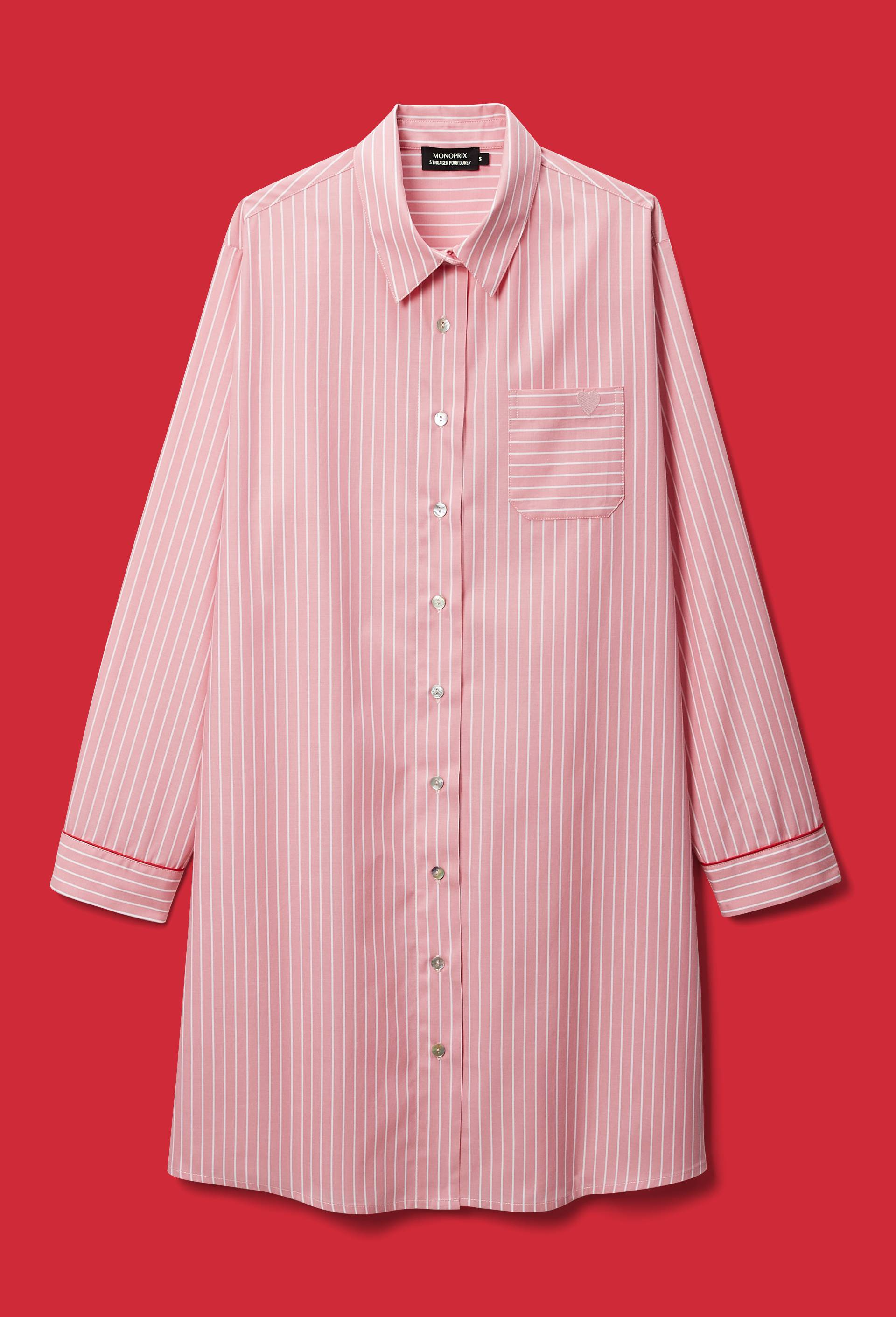 Chemise de nuit ray&eacute;e avec coeur brod&eacute; en voile de coton, Rose, large image number 0