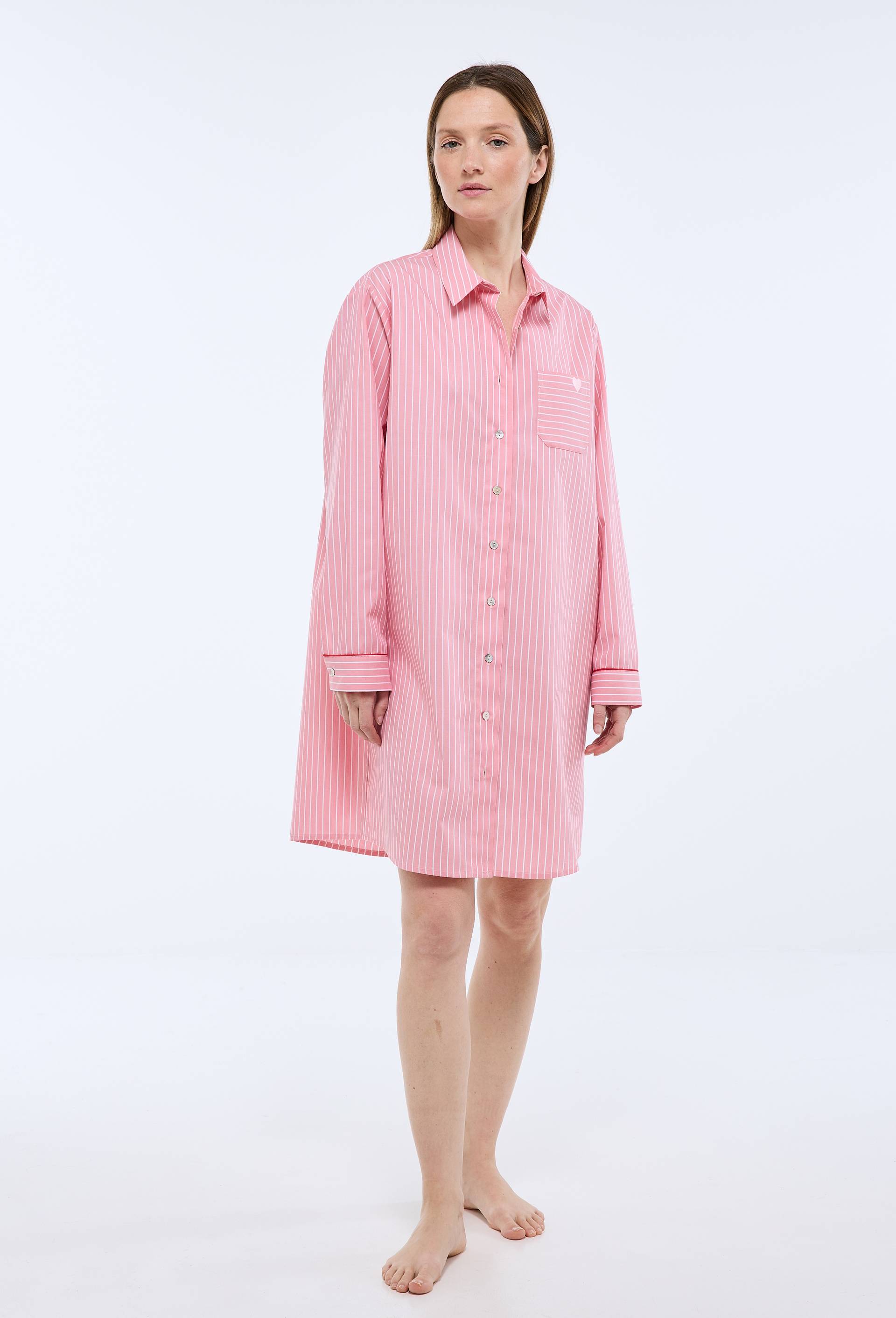 Chemise de nuit ray&eacute;e avec coeur brod&eacute; en voile de coton, Rose, large image number 1