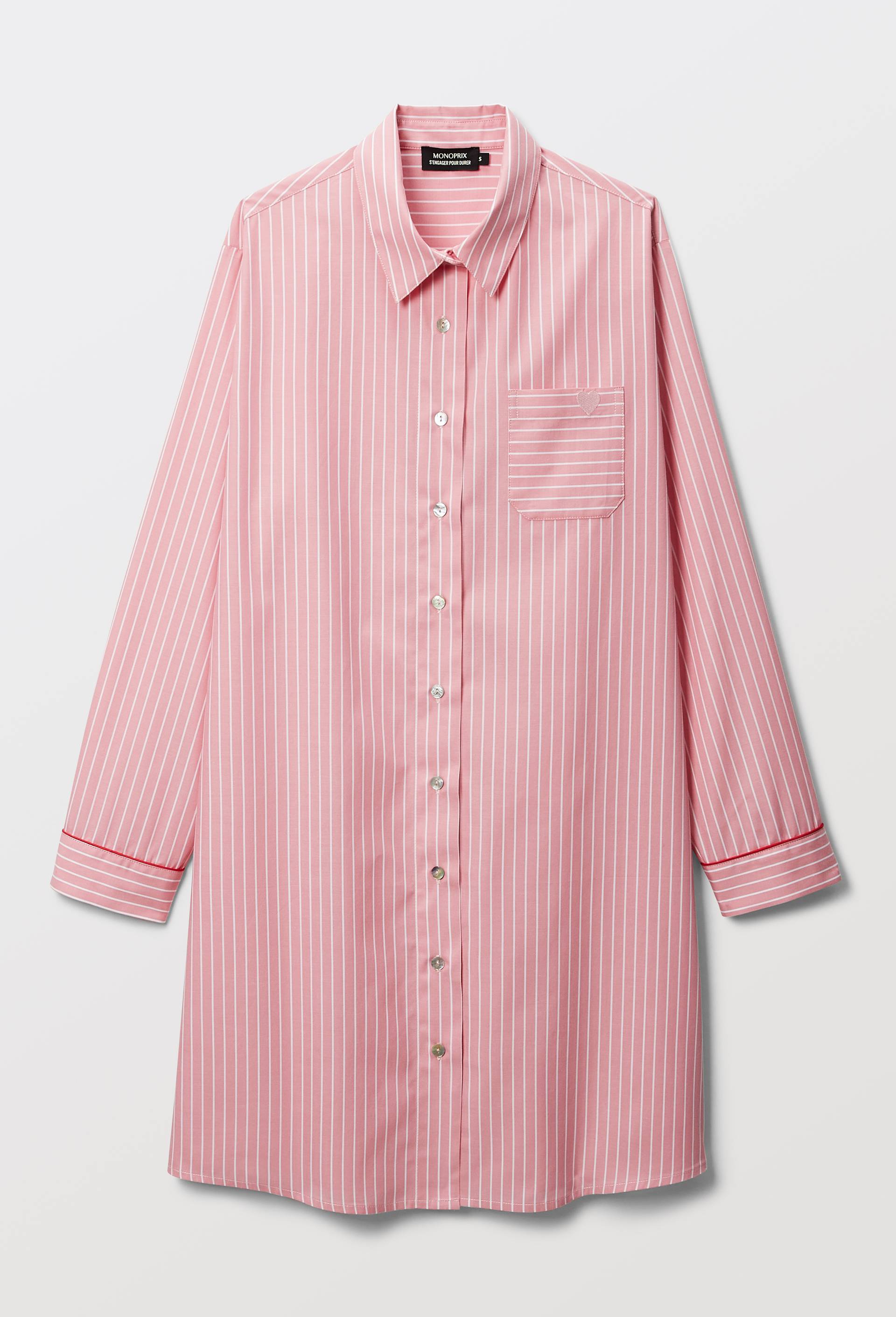 Chemise de nuit ray&eacute;e avec coeur brod&eacute; en voile de coton, Rose, large image number 4.0