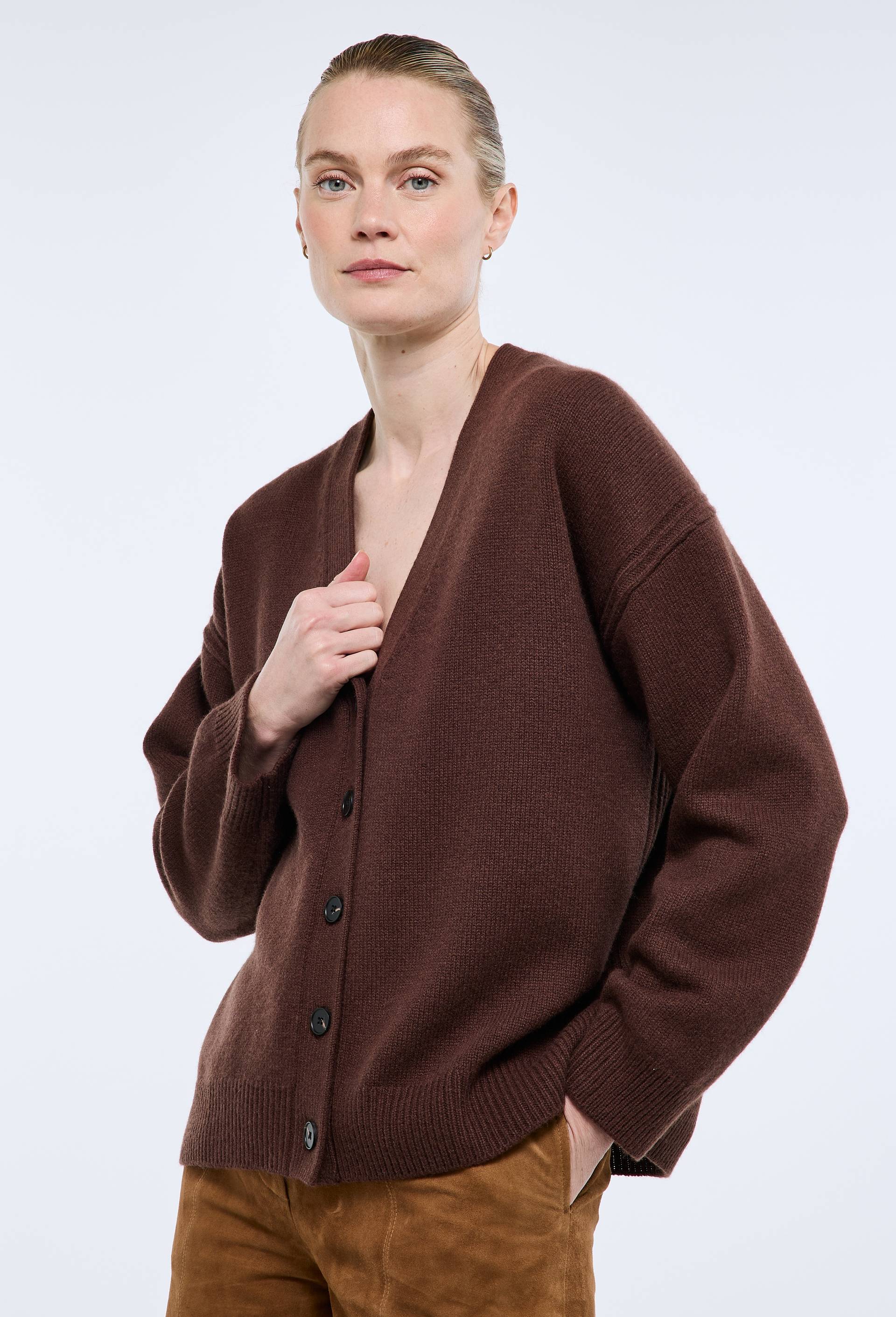 Cardigan boutonn&eacute; manches longues en laine, Brun fonc&eacute;, swatch image