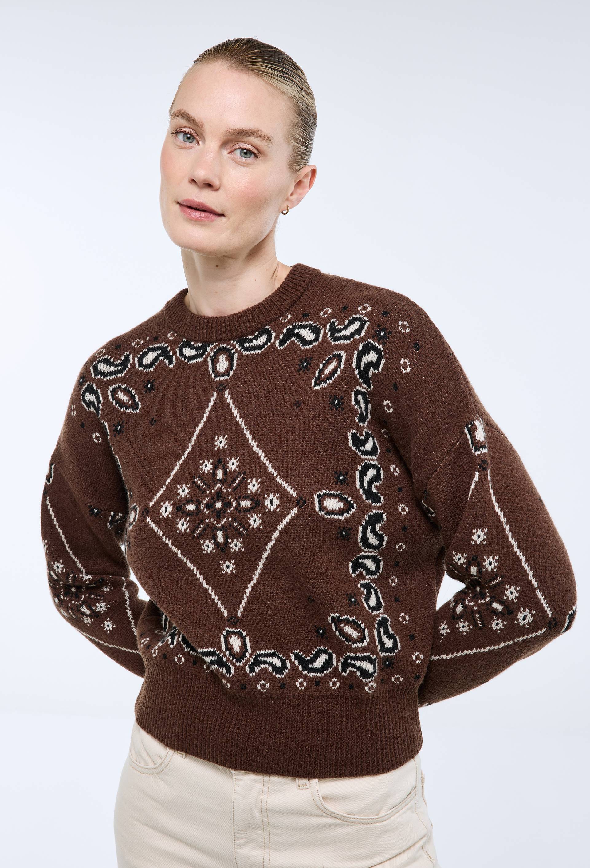 Pull manches longues en jacquard &agrave; motifs bandana, Brun fonc&eacute;, large image number 1