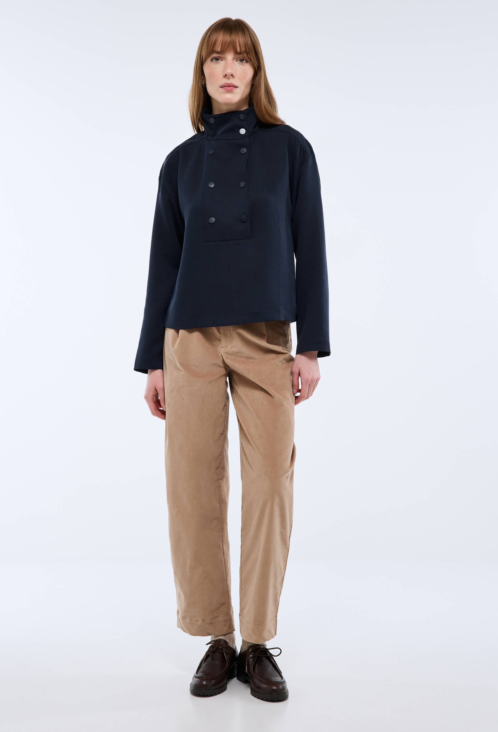 Pantalon barrel en velours avec patte de boutonnage, Beige, swatch image
