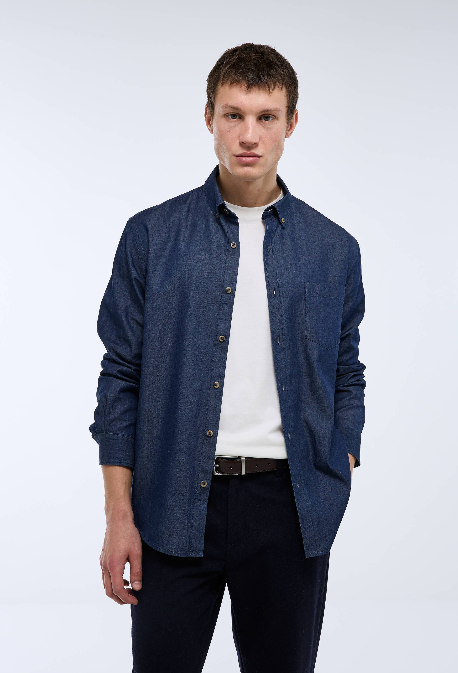Chemise manches longues chambray jean en coton BIO GOTS, Bleu fonc&eacute;, large image number 0