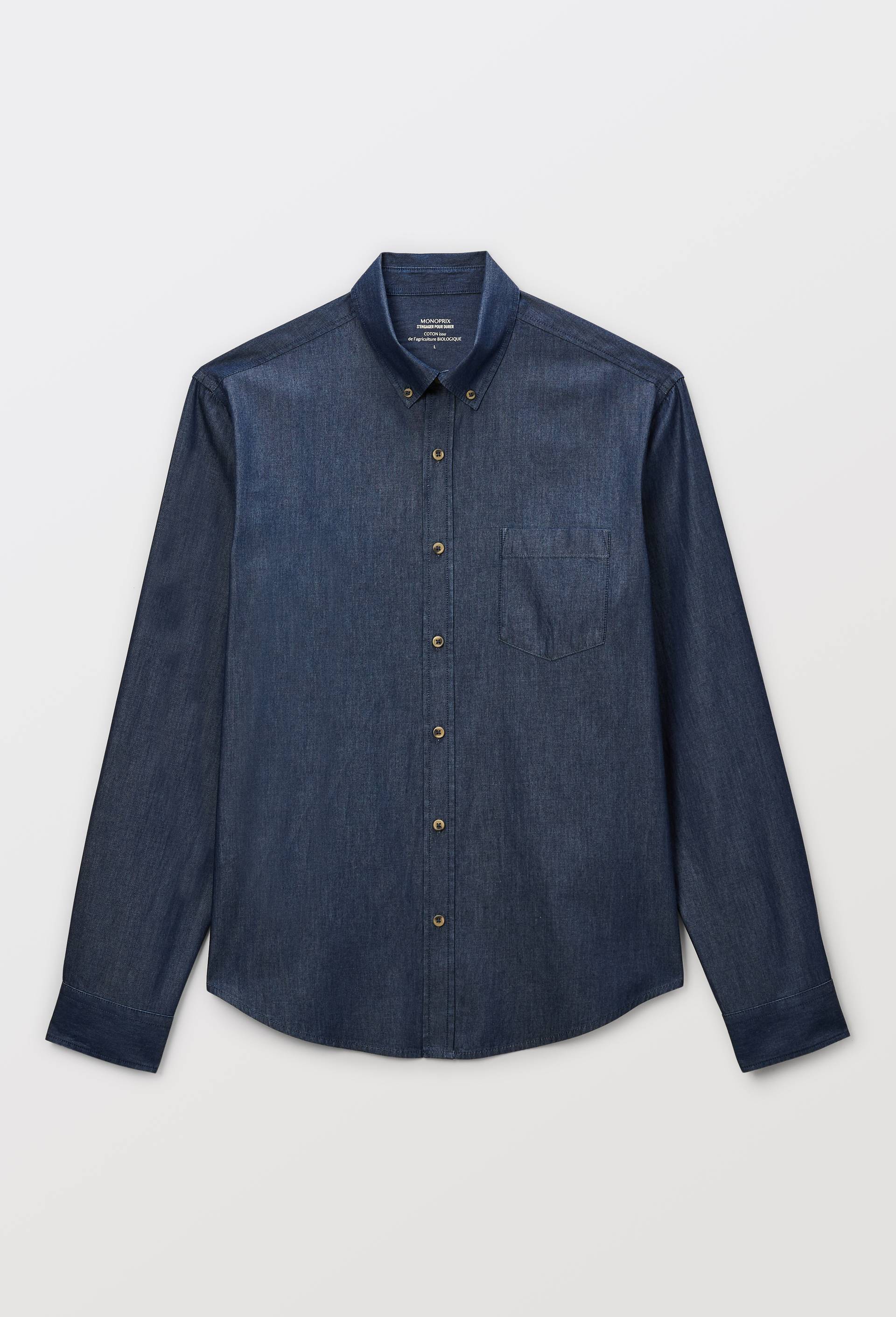Chemise manches longues chambray jean en coton BIO GOTS, Bleu fonc&eacute;, large image number 3.0