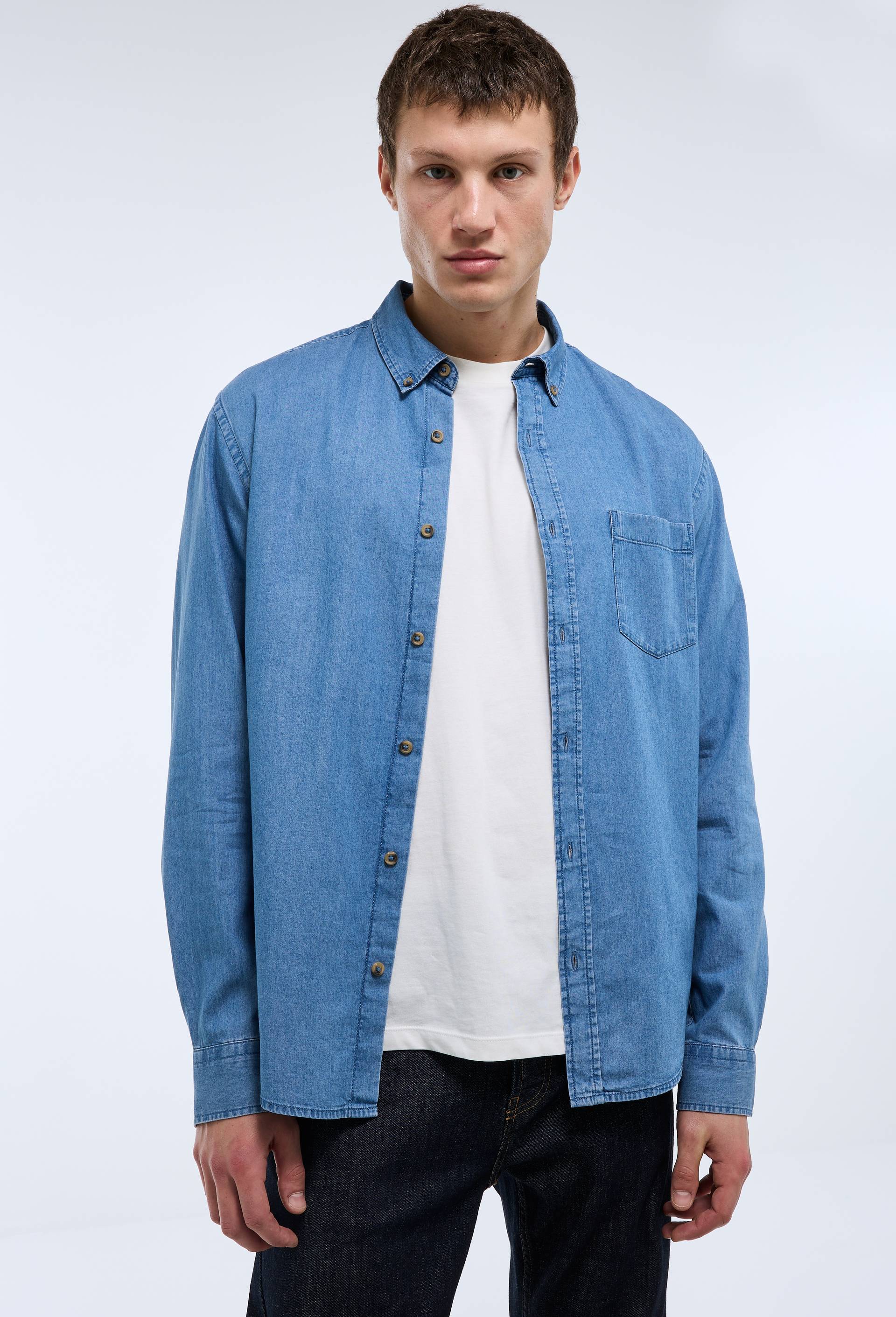 Chemise manches longues chambray jean en coton BIO GOTS, Bleu, large image number 0
