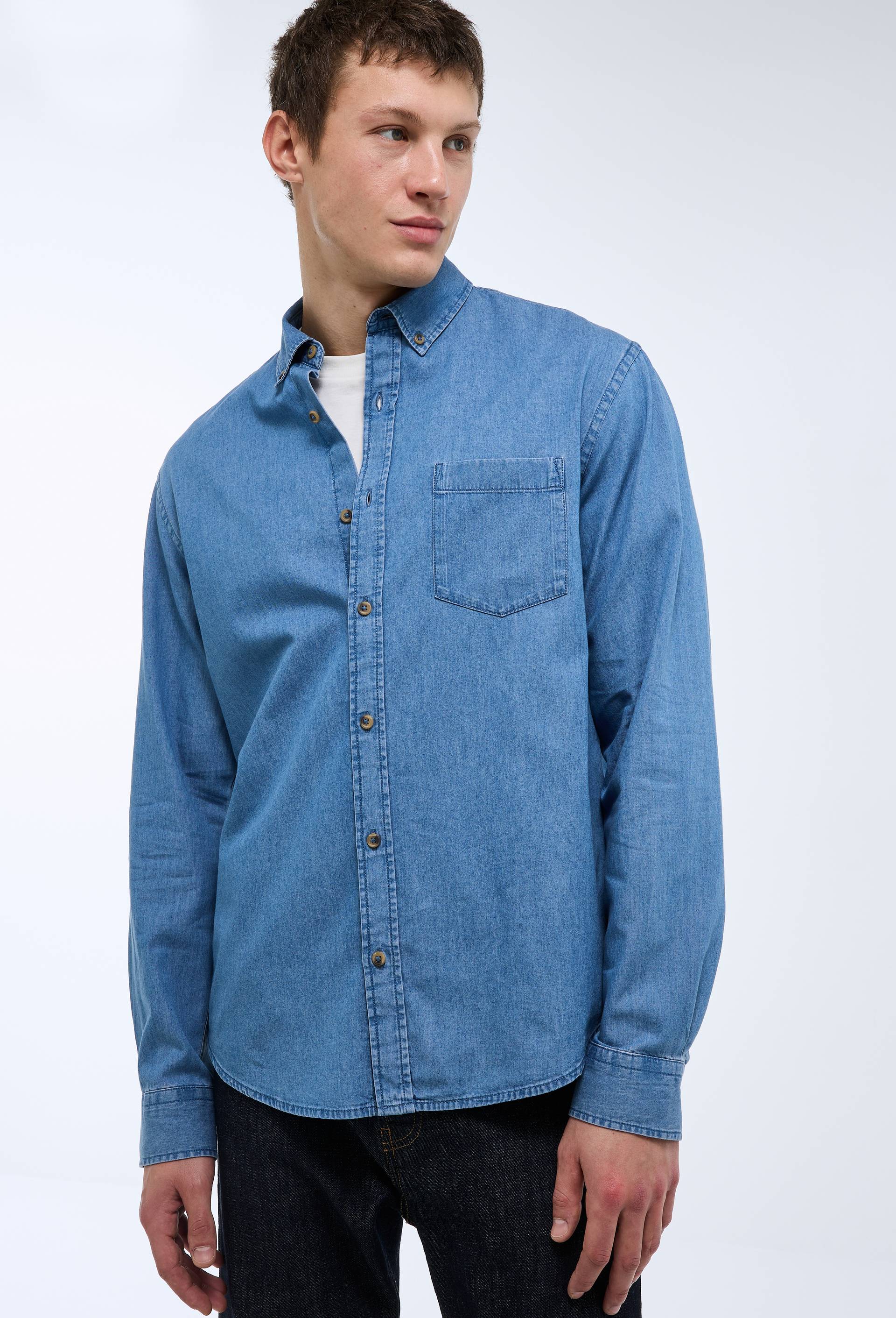 Chemise manches longues chambray jean en coton BIO GOTS, Bleu, large image number 1