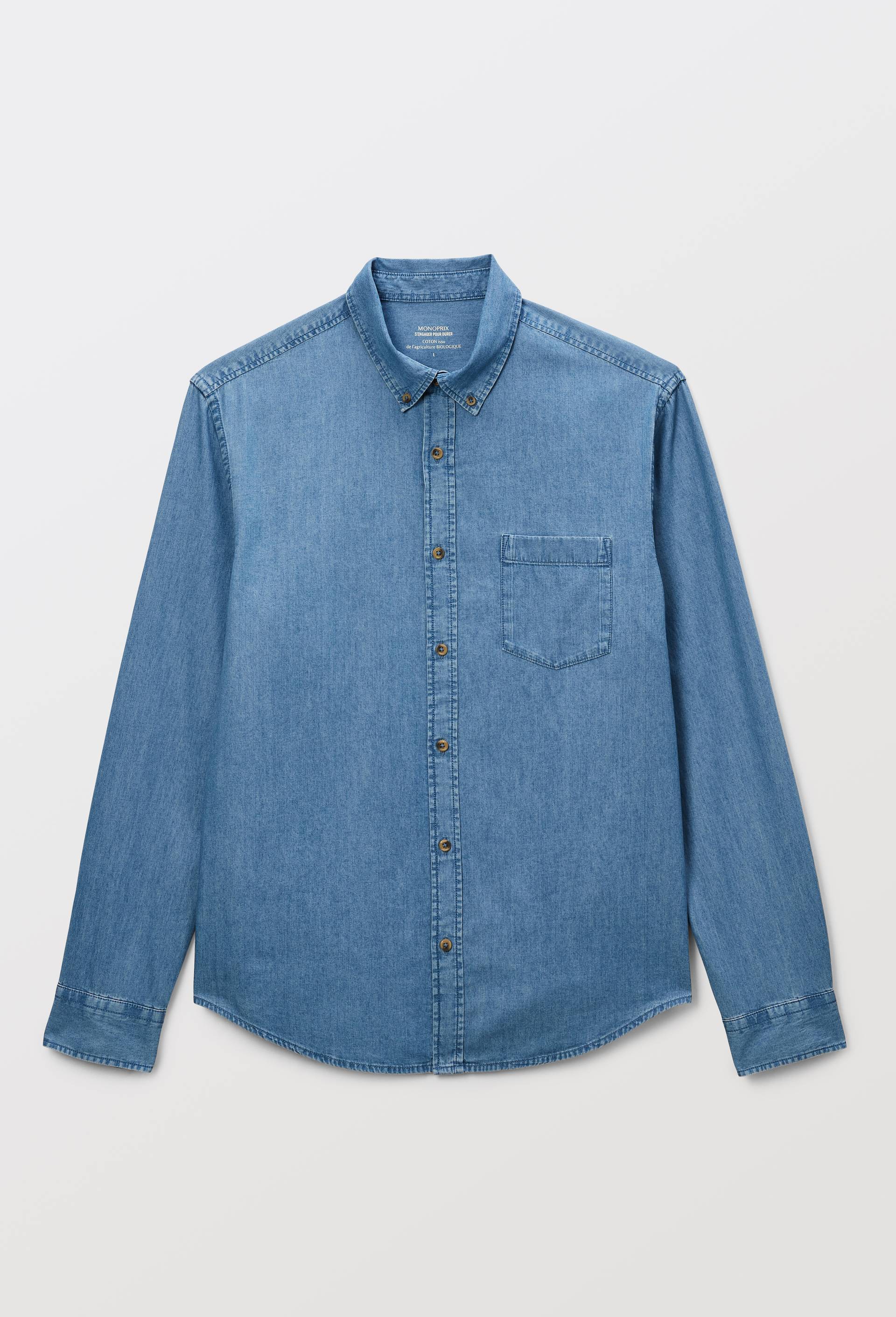 Chemise manches longues chambray jean en coton BIO GOTS, Bleu, large image number 3