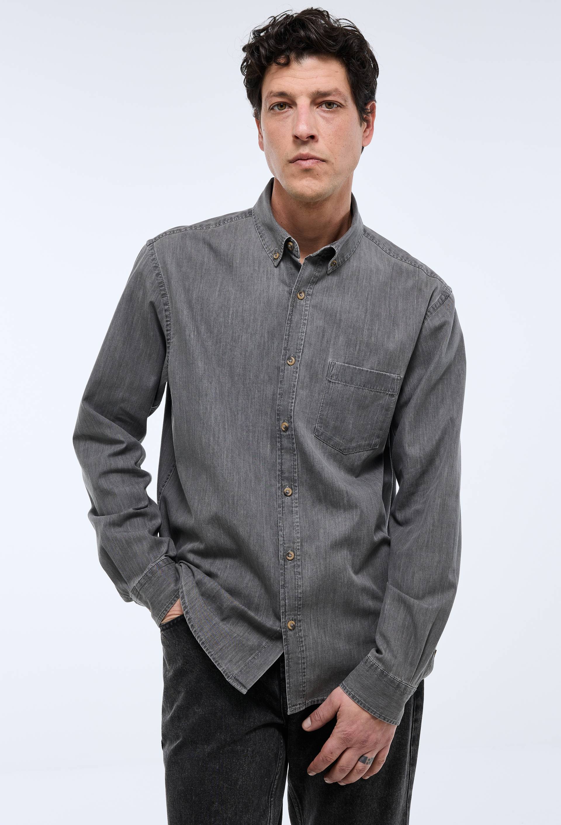 Chemise manches longues chambray jean en coton BIO GOTS, Gris fonc&eacute;, swatch image