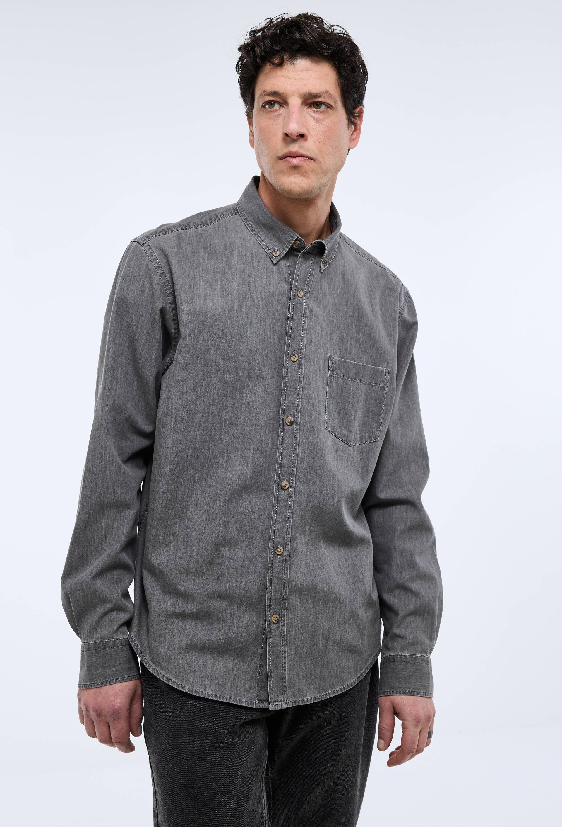 Chemise manches longues chambray jean en coton BIO GOTS, Gris fonc&eacute;, large image number 1.0
