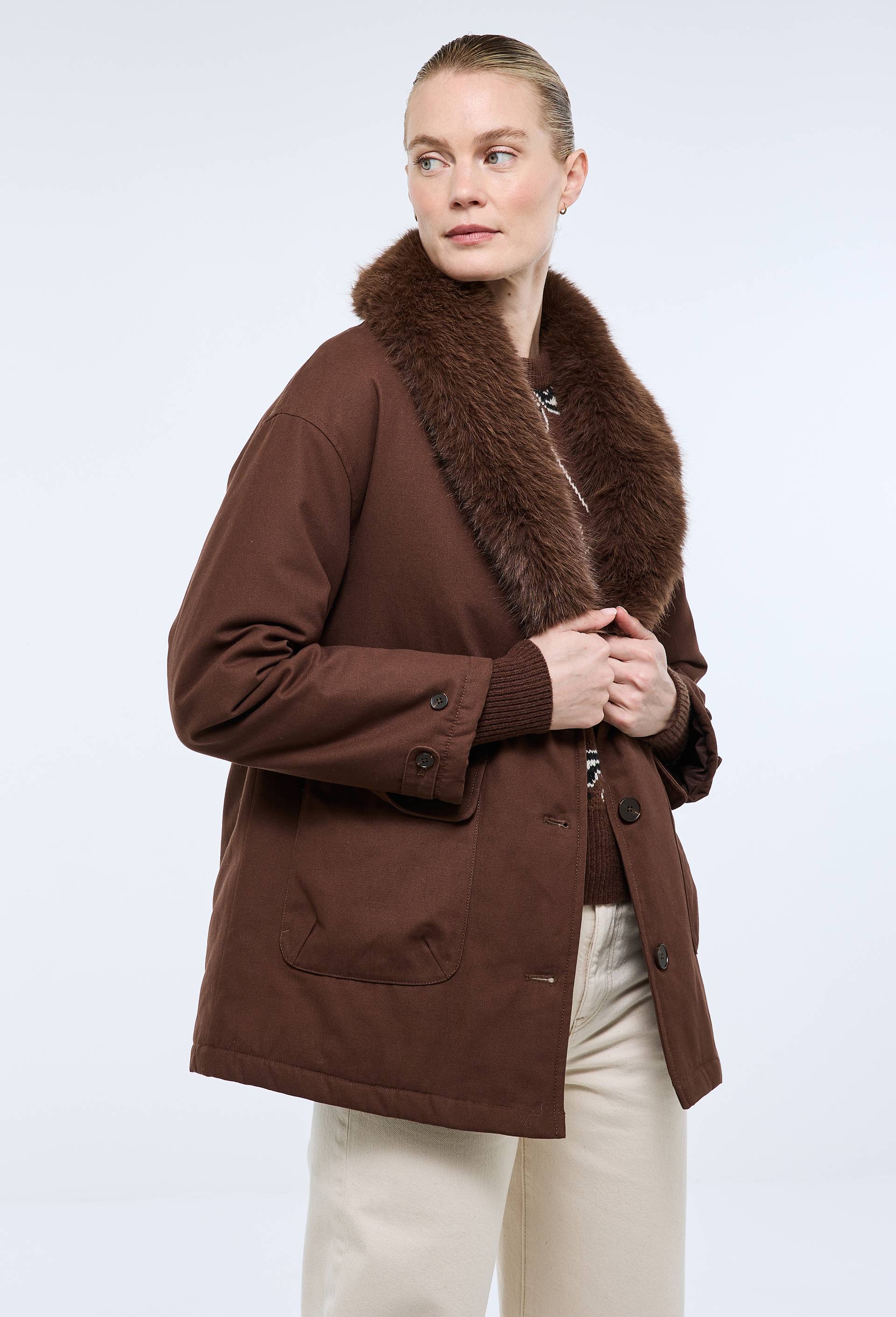 Manteau en coton avec col en fausse fourrure, Brun fonc&eacute;, large image number 2.0