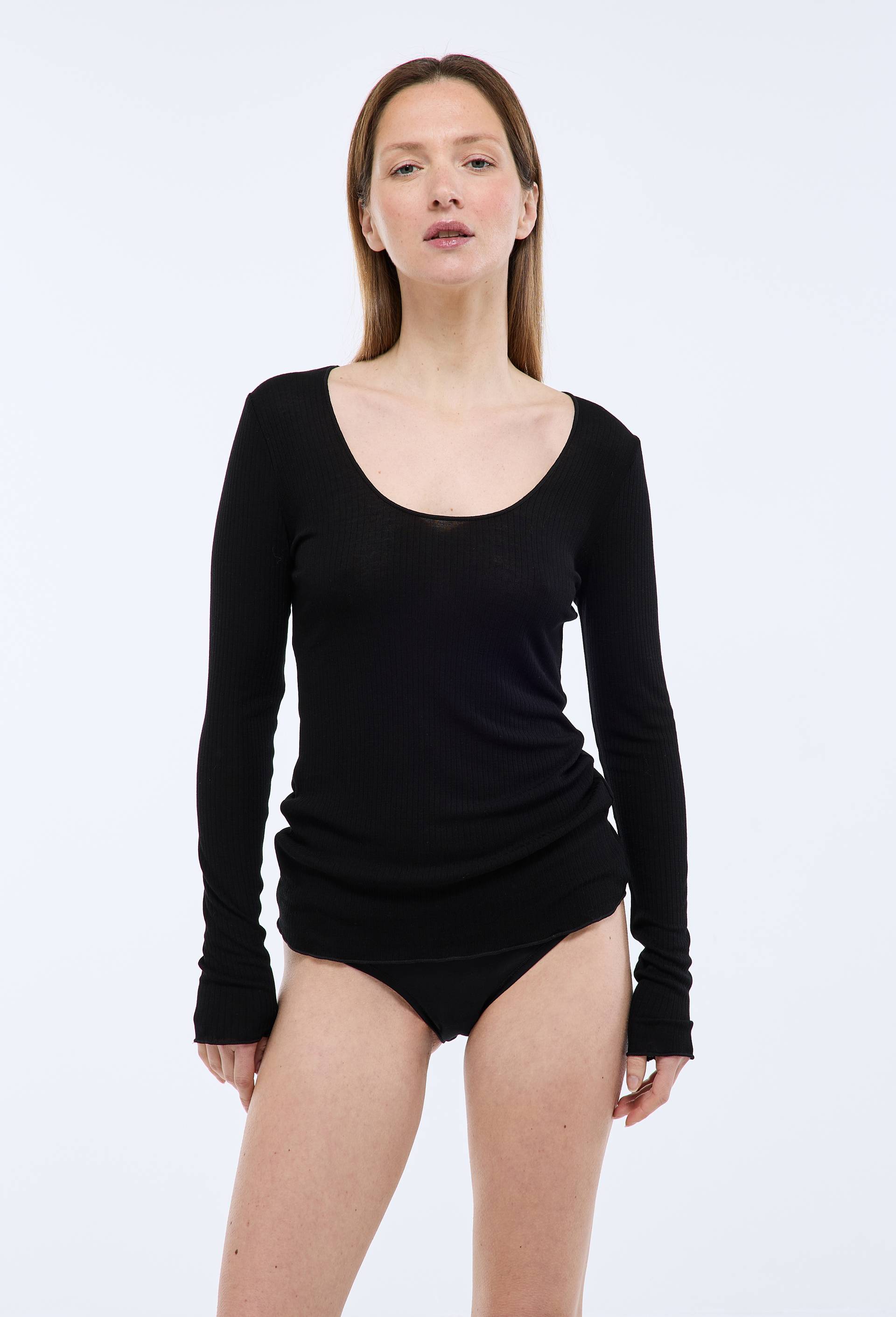 T-shirt manches longues en viscose soie, Noir, large image number 0.0