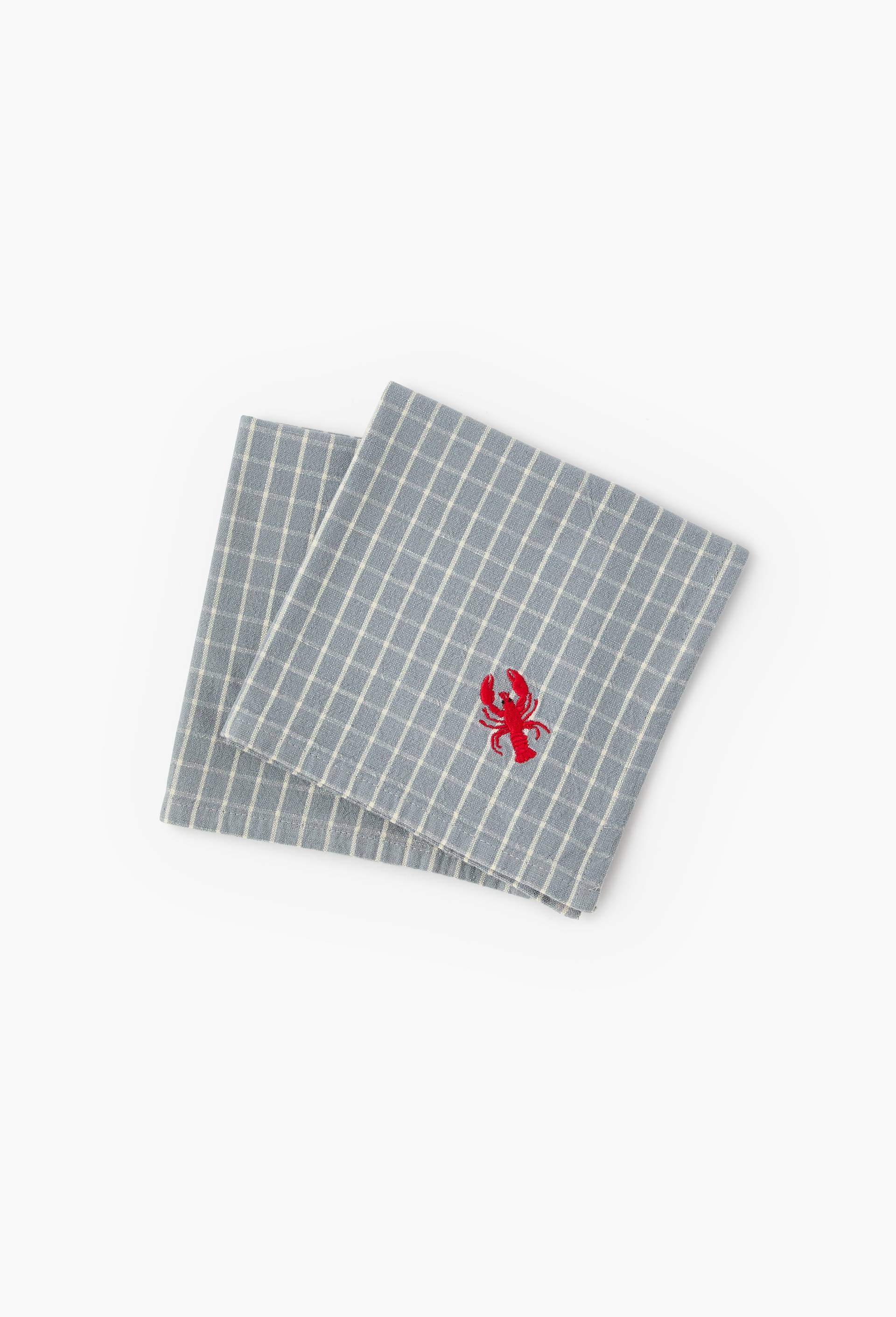 Lot de 2 serviettes brod&eacute;es &agrave; carreaux, 40x40cm, coton-lin, Gris, large image number 1