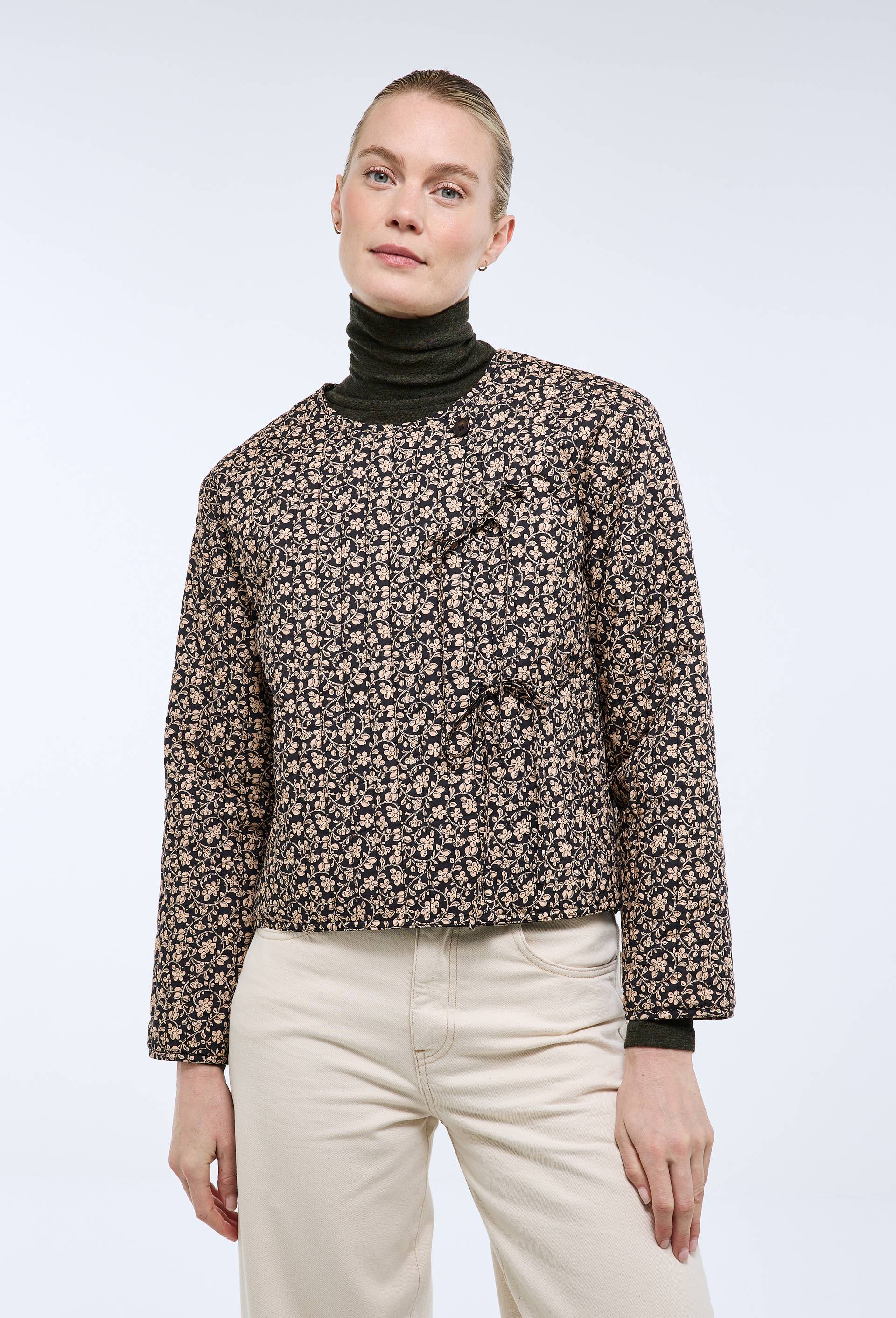 Veste matelass&eacute; en coton &agrave; fleurs, Noir, large image number 0