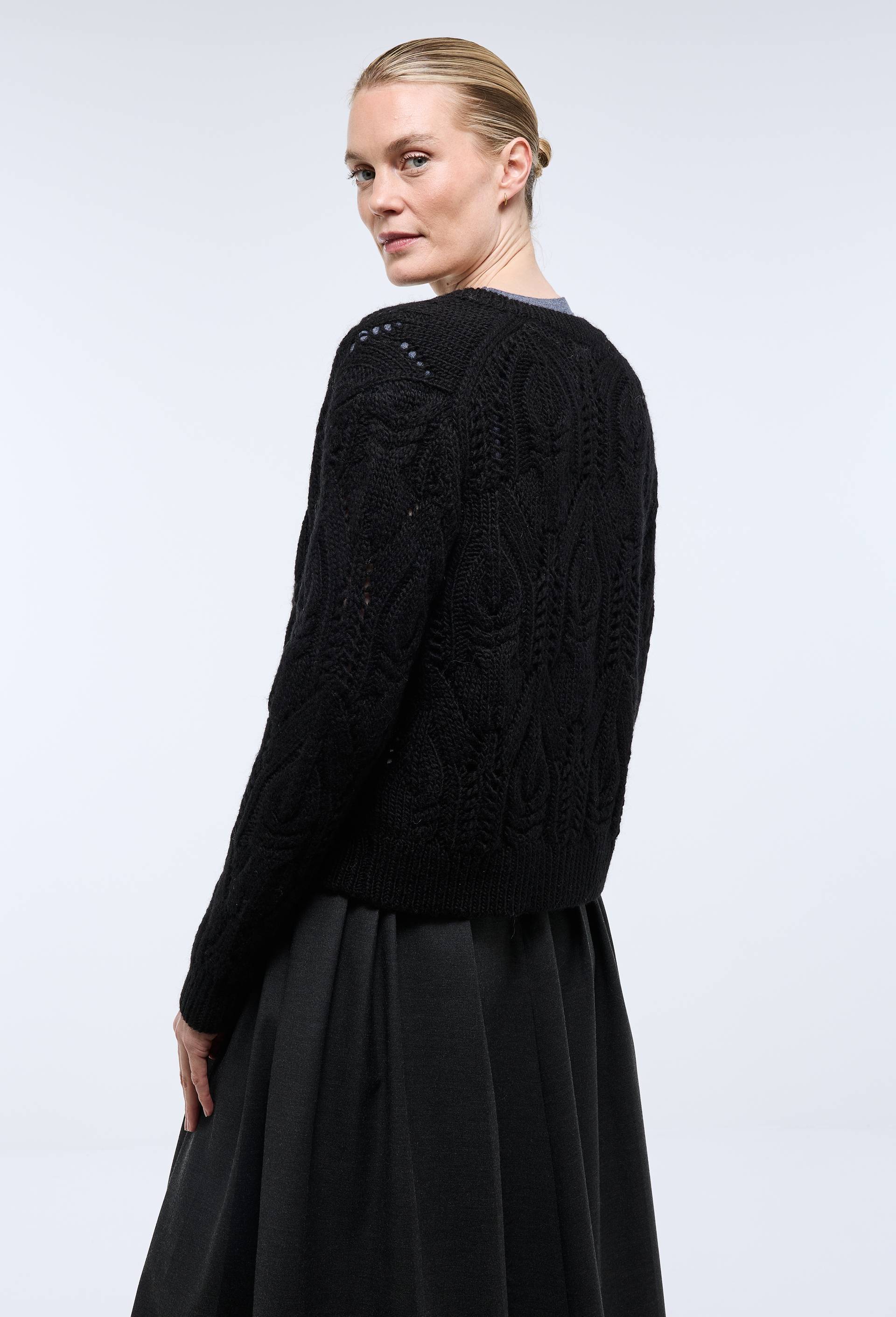 Cardigan torsad&eacute; en laine col rond, Noir, large image number 1