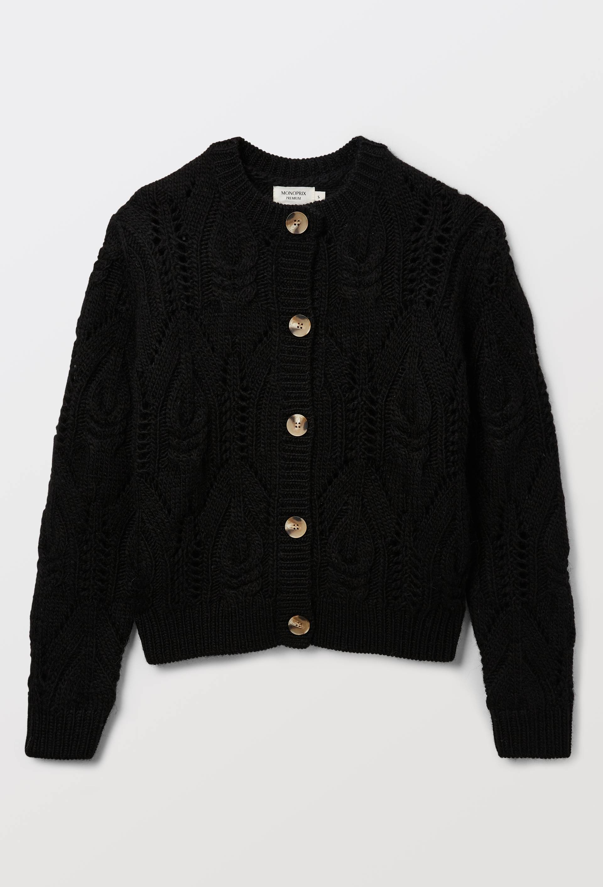 Cardigan torsad&eacute; en laine col rond, Noir, large image number 2