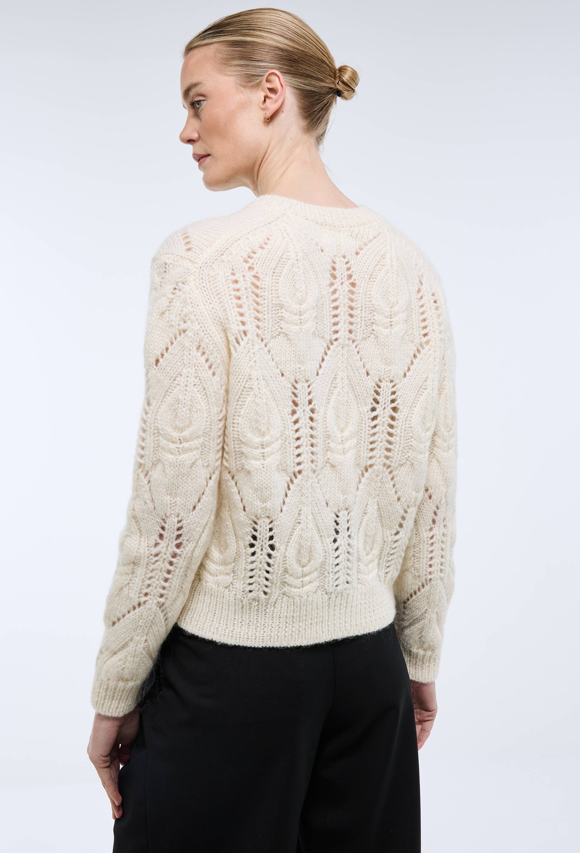 Cardigan torsad&eacute; en laine col rond, Ecru, large image number 1