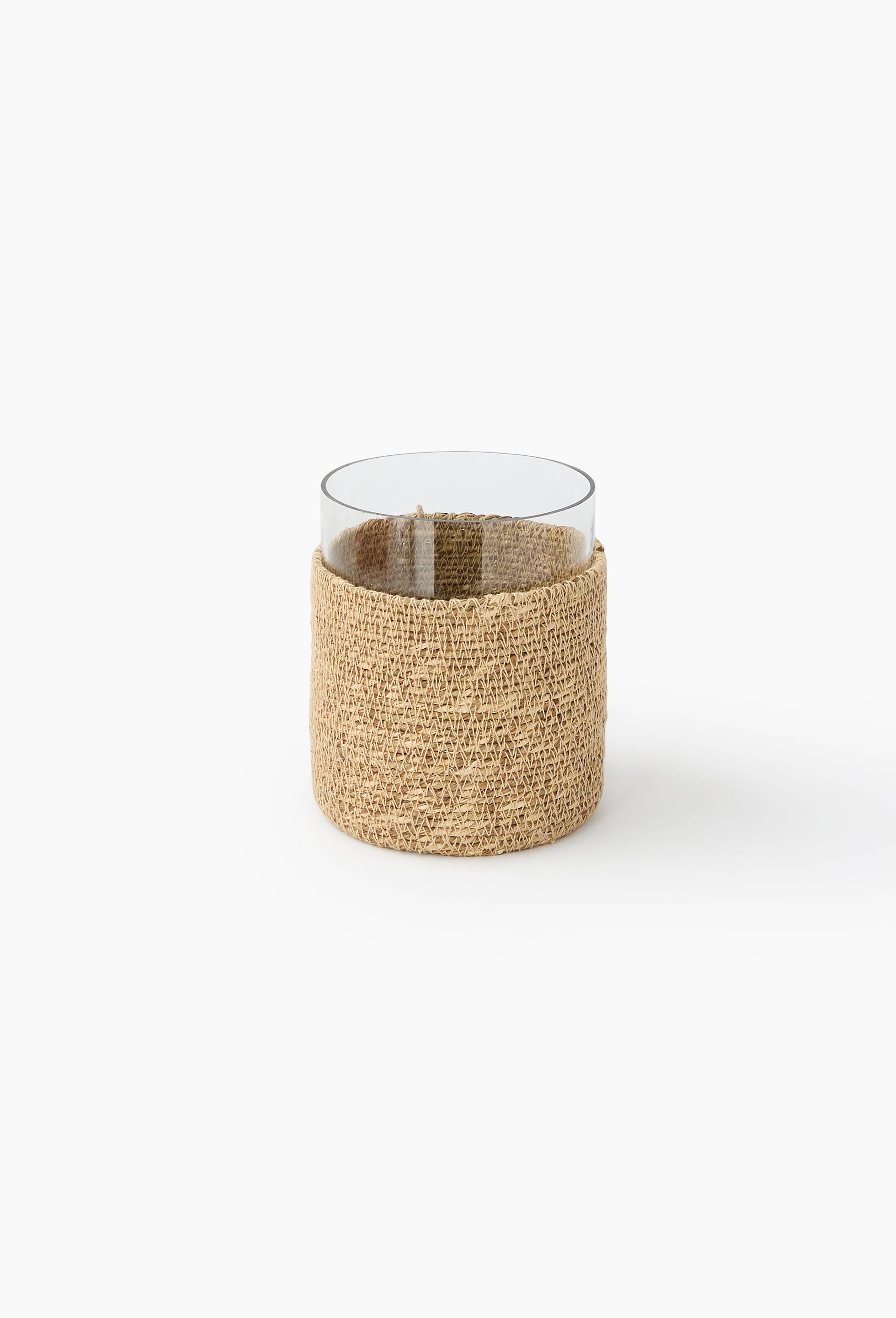 Vase droit, 12.5xH15cm, en verre et jonc de mer, Beige clair, large image number 0