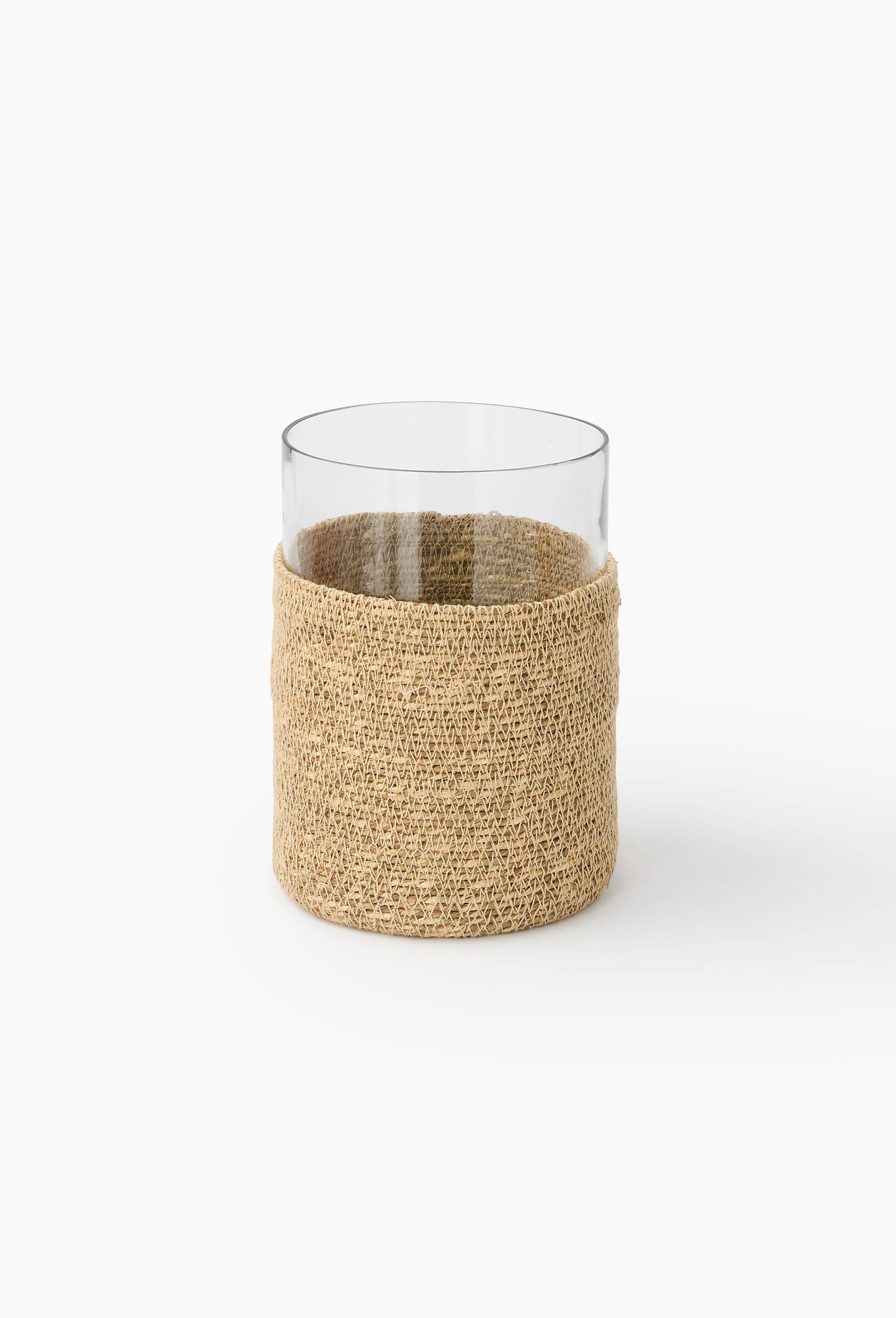 Vase droit, 15xH21cm, en verre et jonc de mer, Beige clair, large image number 0.0