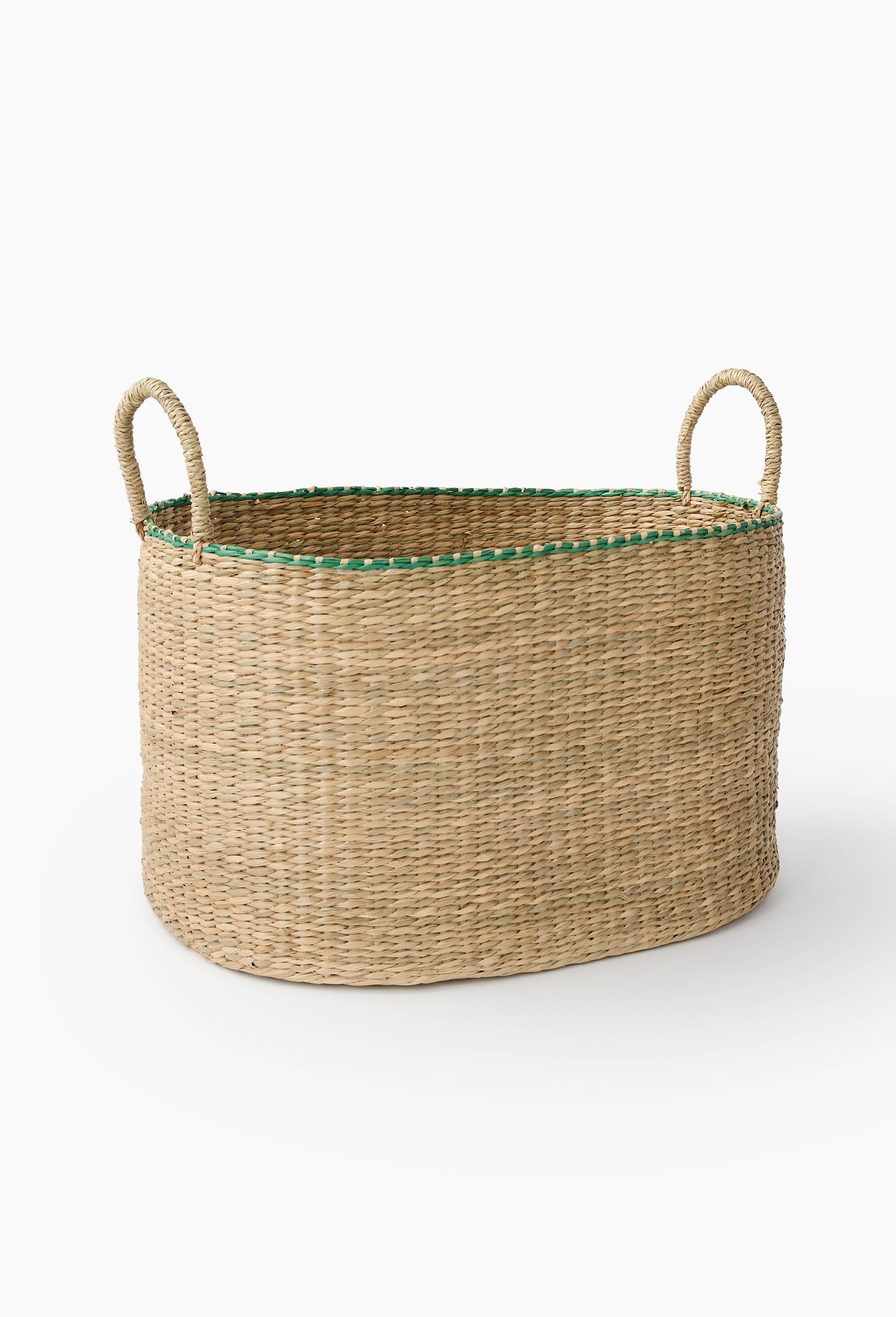 Panier ovale liseret, en jonc de mer, Vert clair, large image number 0.0