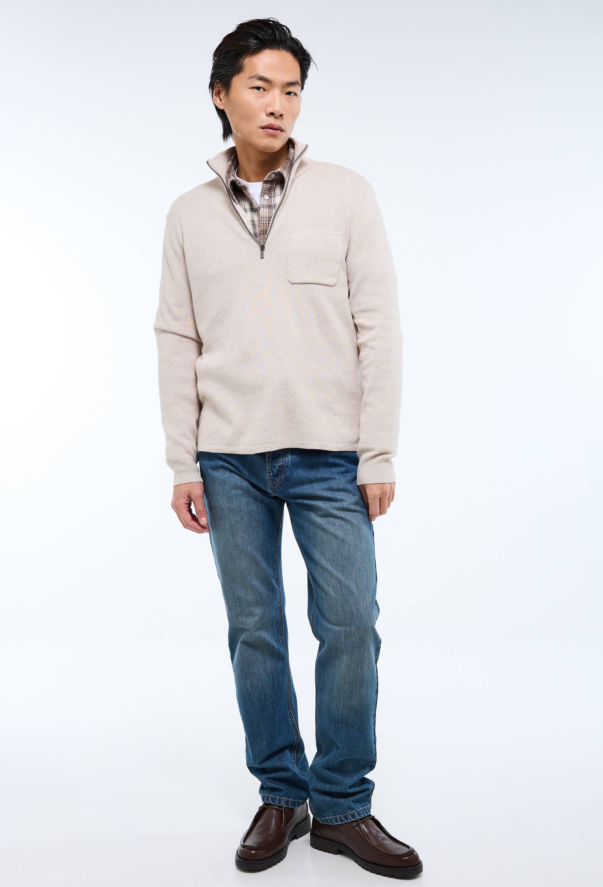 Pull col camionneur en m&eacute;lange coton et cachemire, Beige, swatch image