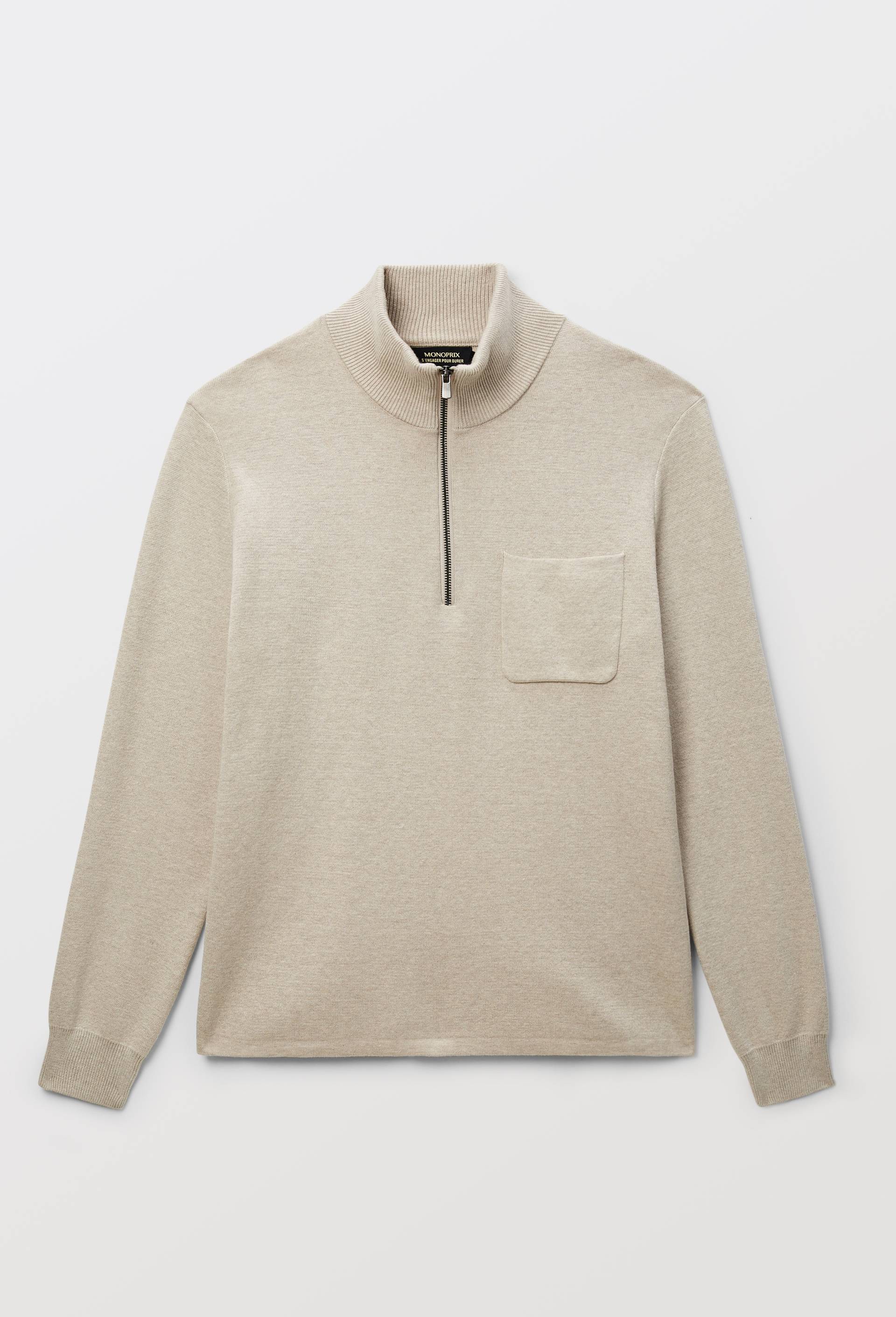 Pull col camionneur en m&eacute;lange coton et cachemire, Beige, large image number 3