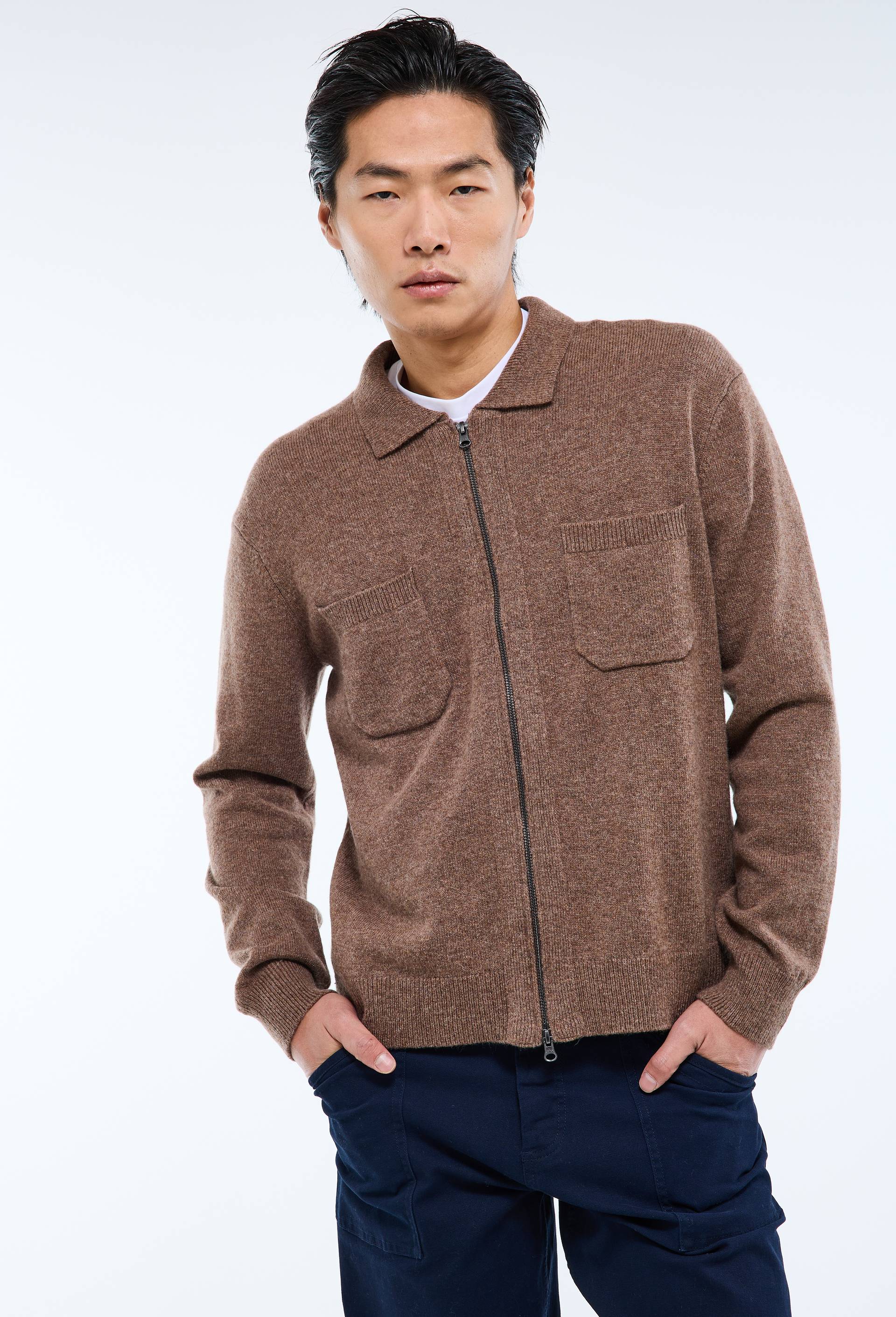 Gilet zipp&eacute; col polo contenant de la laine, Brun fonc&eacute;, large image number 0