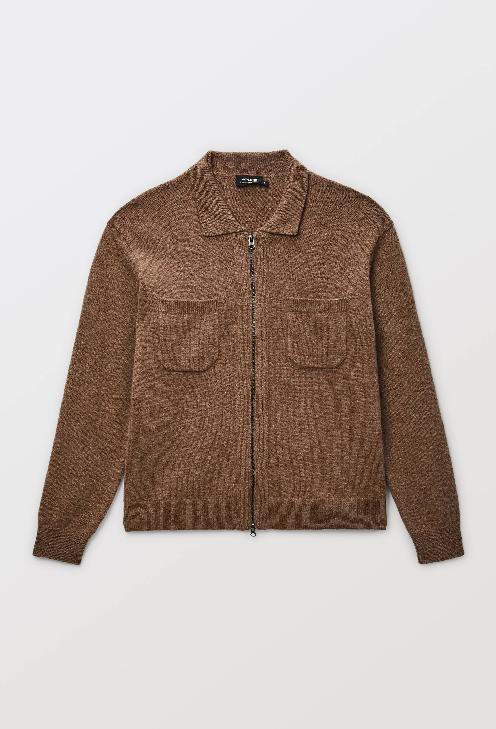 Gilet zipp&eacute; col polo contenant de la laine, Brun fonc&eacute;, large image number 3