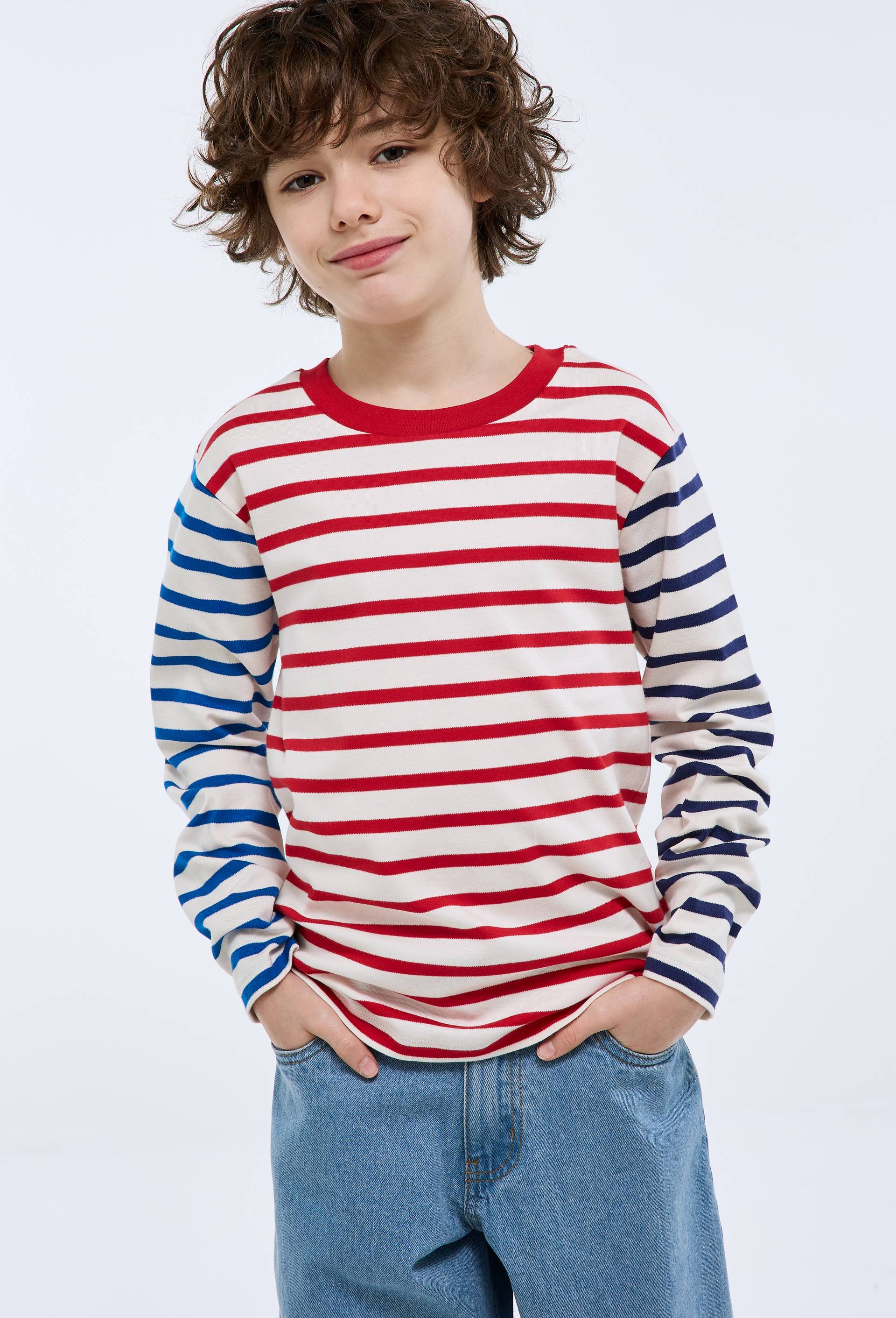 Lot de t-shirtS manches longues ray&eacute; en coton BIO GOTS, Beige clair, large image number 0.0