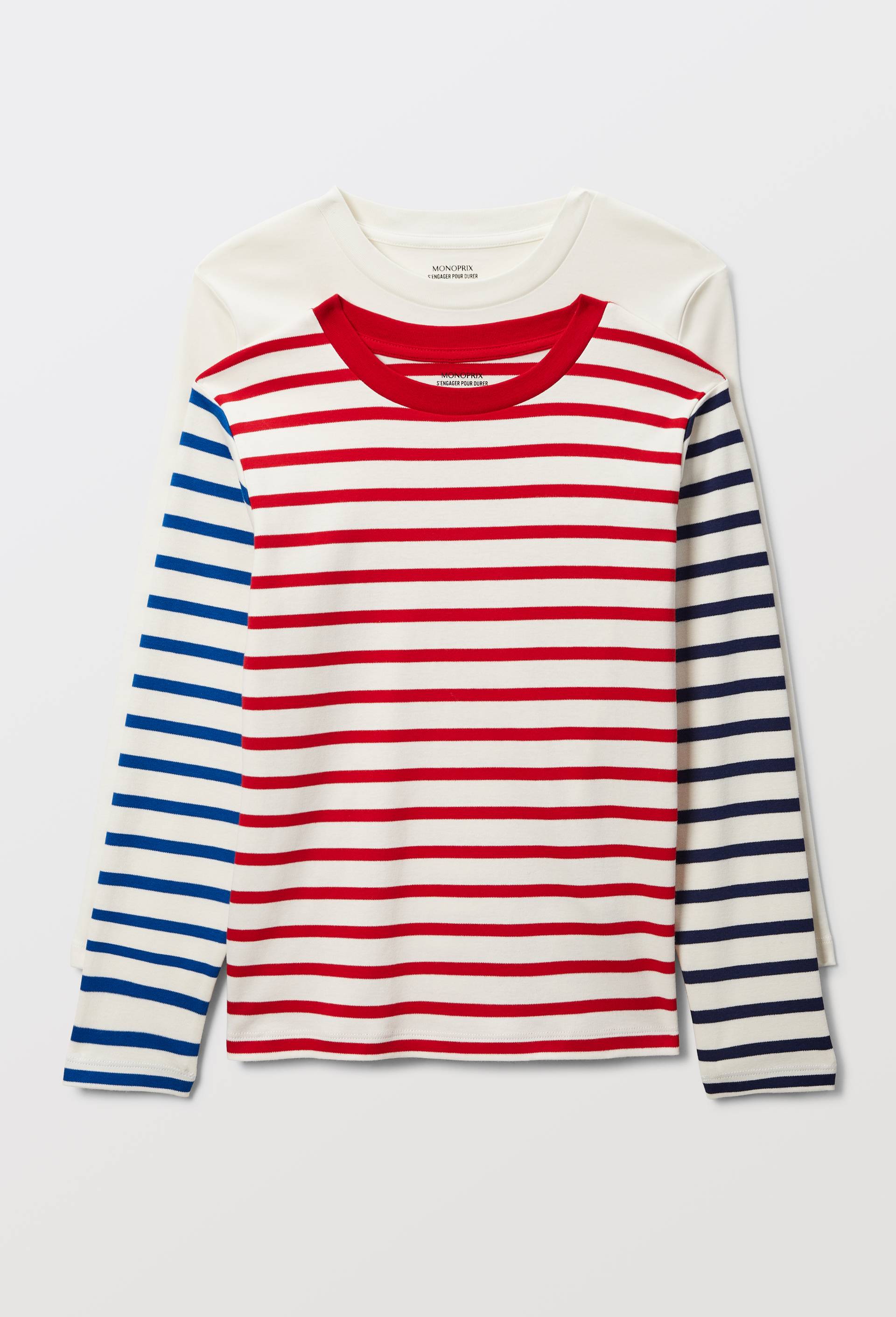 Lot de t-shirtS manches longues ray&eacute; en coton BIO GOTS, Beige clair, large image number 2