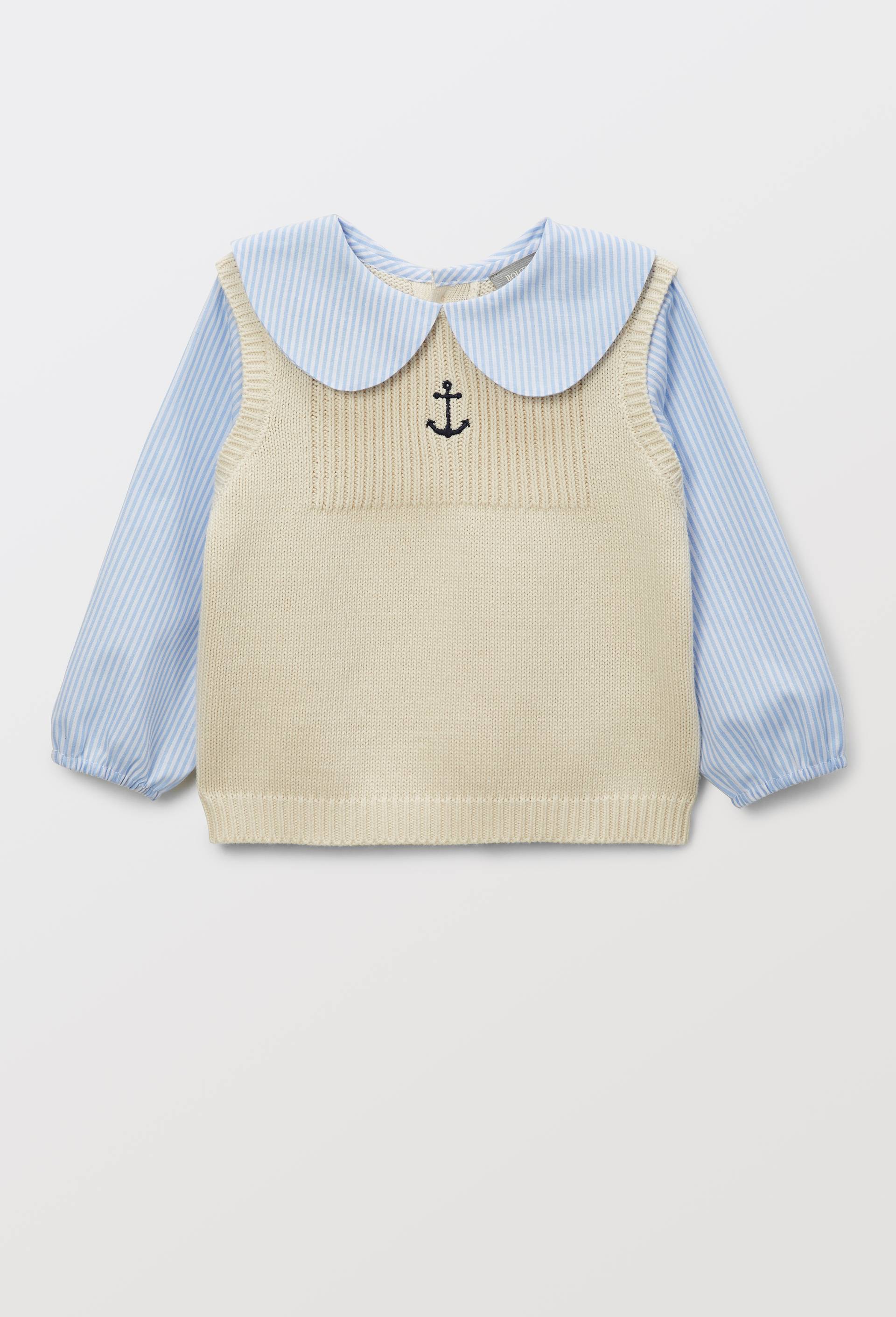 Pull sans manches uni 2 en 1 blouse manches longues ray&eacute;e en coton, Ecru, large image number 1