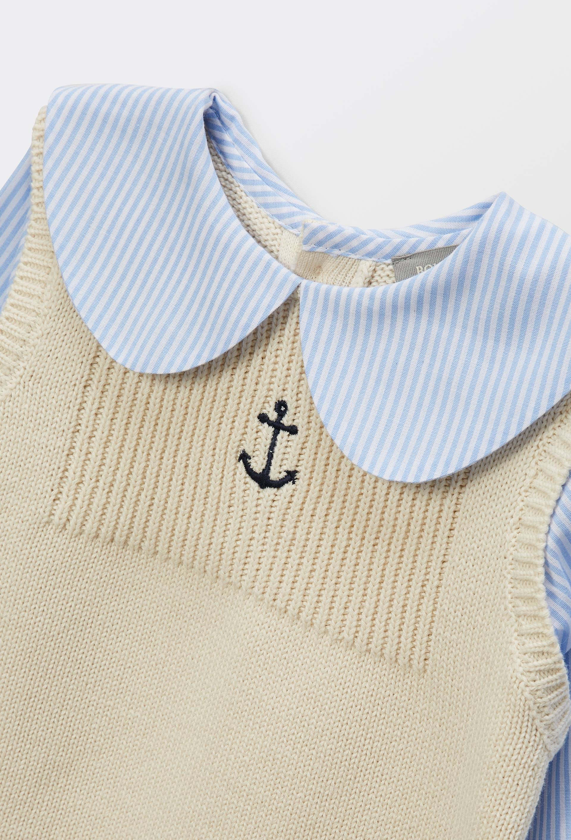 Pull sans manches uni 2 en 1 blouse manches longues ray&eacute;e en coton, Ecru, large image number 6