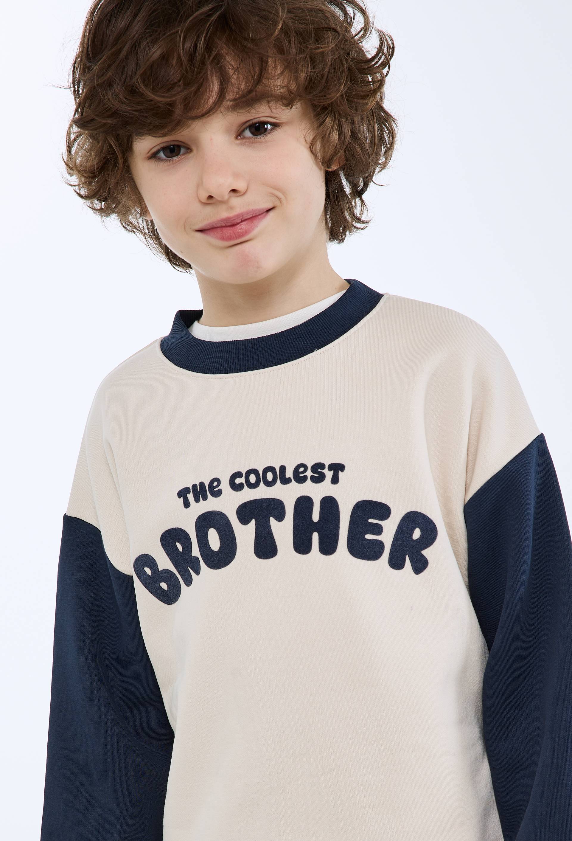 Sweat bicolore imprim&eacute; en coton BIO GOTS, Bleu fonc&eacute;, large image number 1