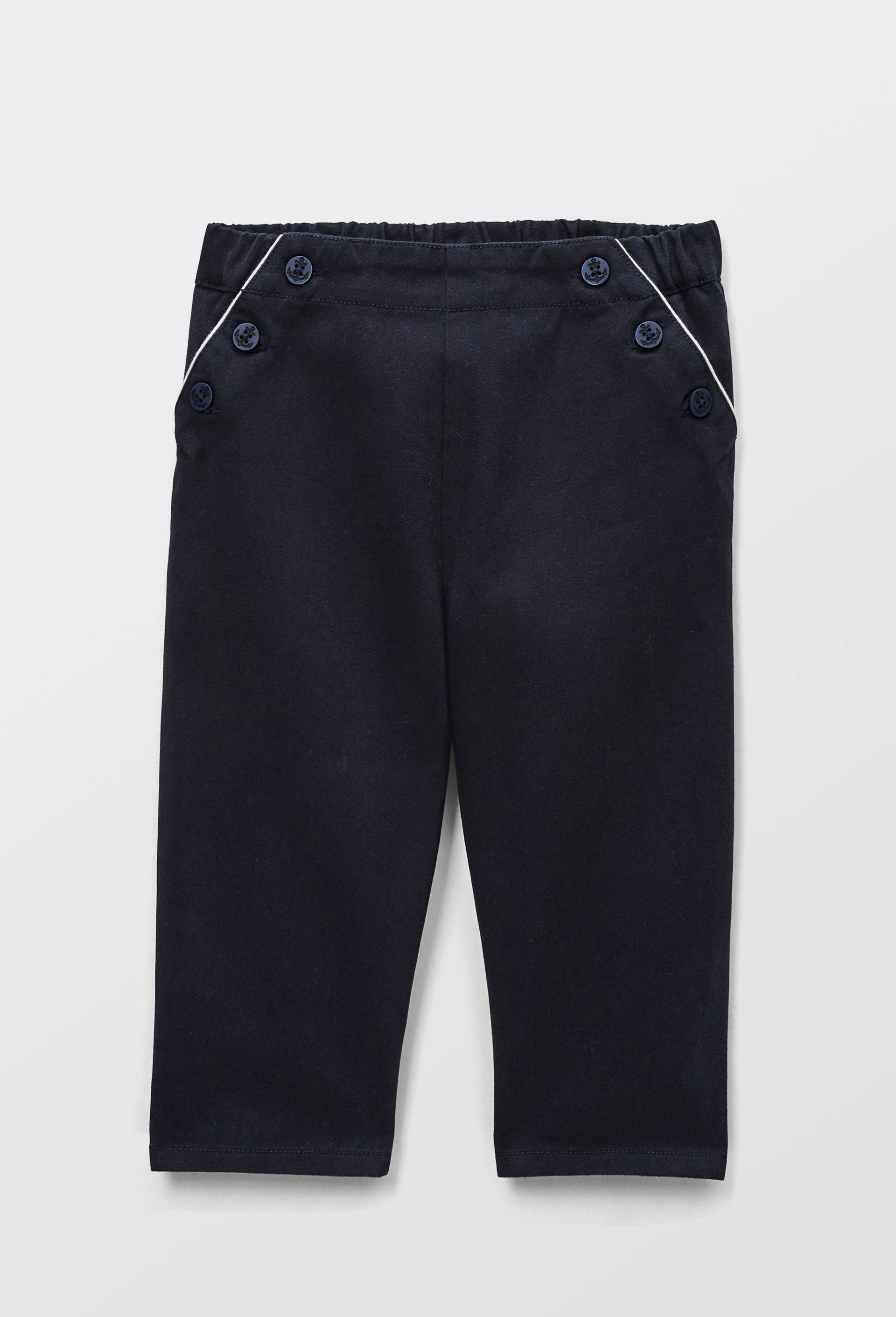 Pantalon taille &eacute;lastique uni en coton, Bleu fonc&eacute;, large image number 0