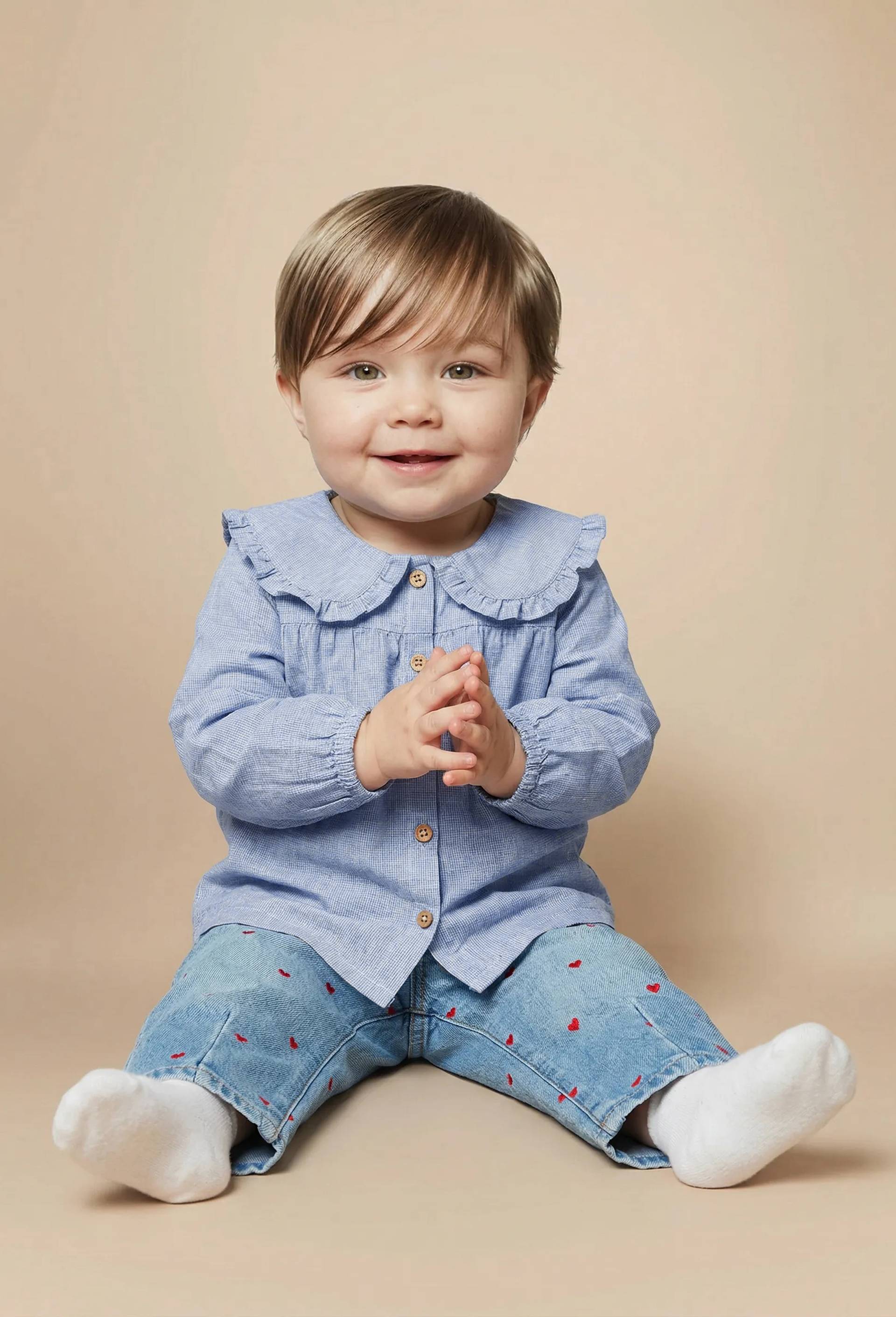 Blouse grand col unie en coton, Bleu, large image number 0.0