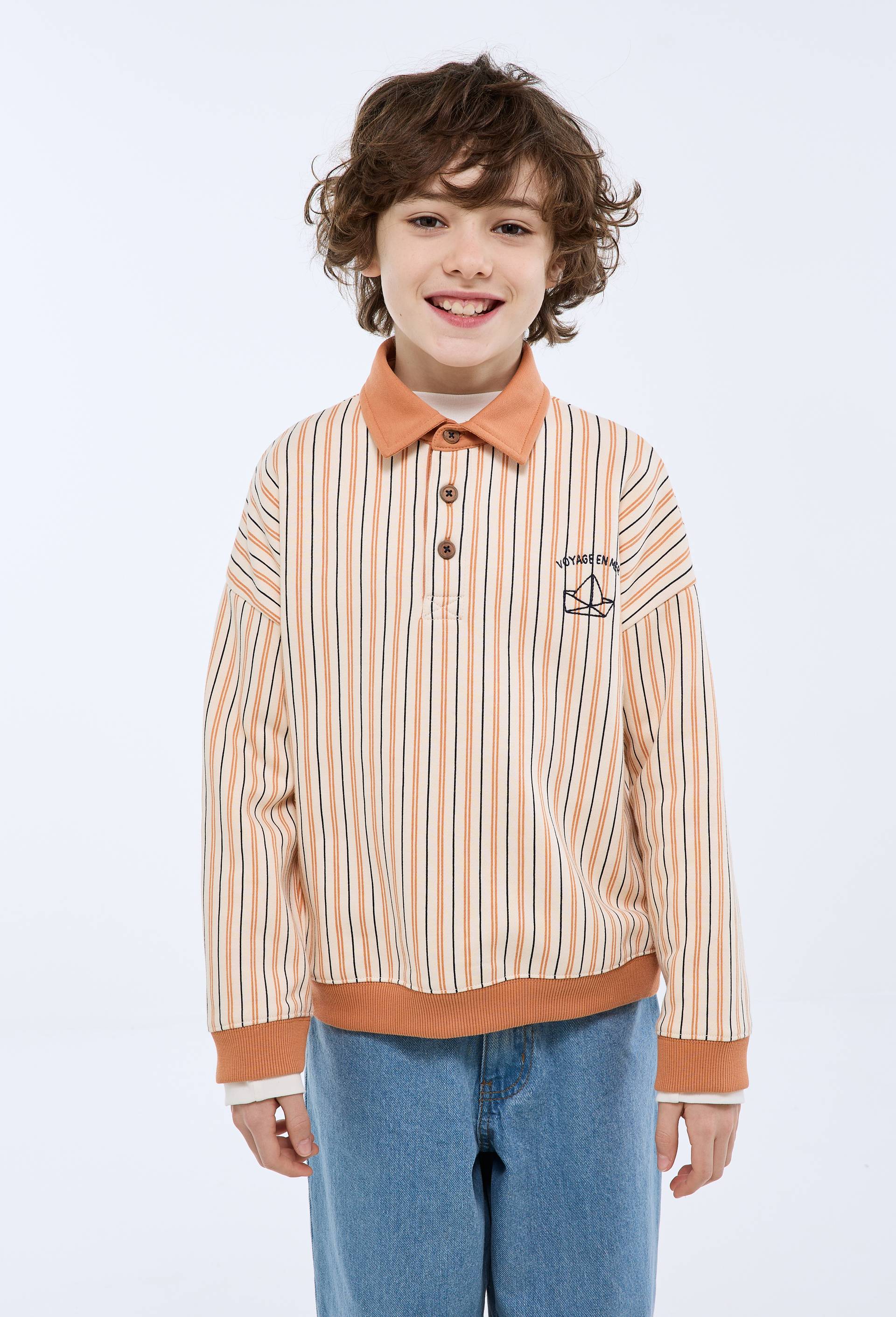 Sweat col polo ray&eacute; contenant du coton BIO GOTS, Orange, large image number 1.0