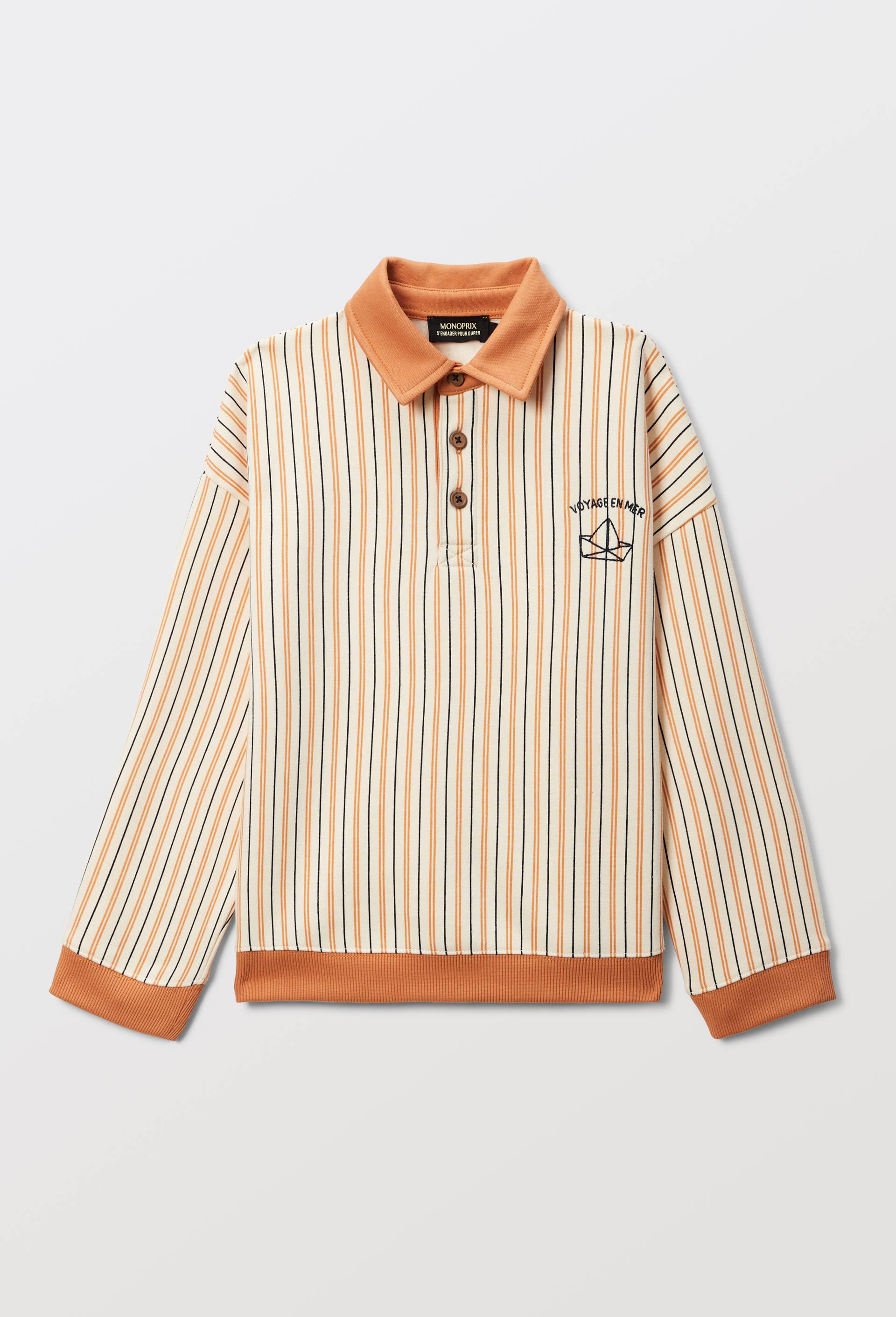 Sweat col polo ray&eacute; contenant du coton BIO GOTS, Orange, large image number 2