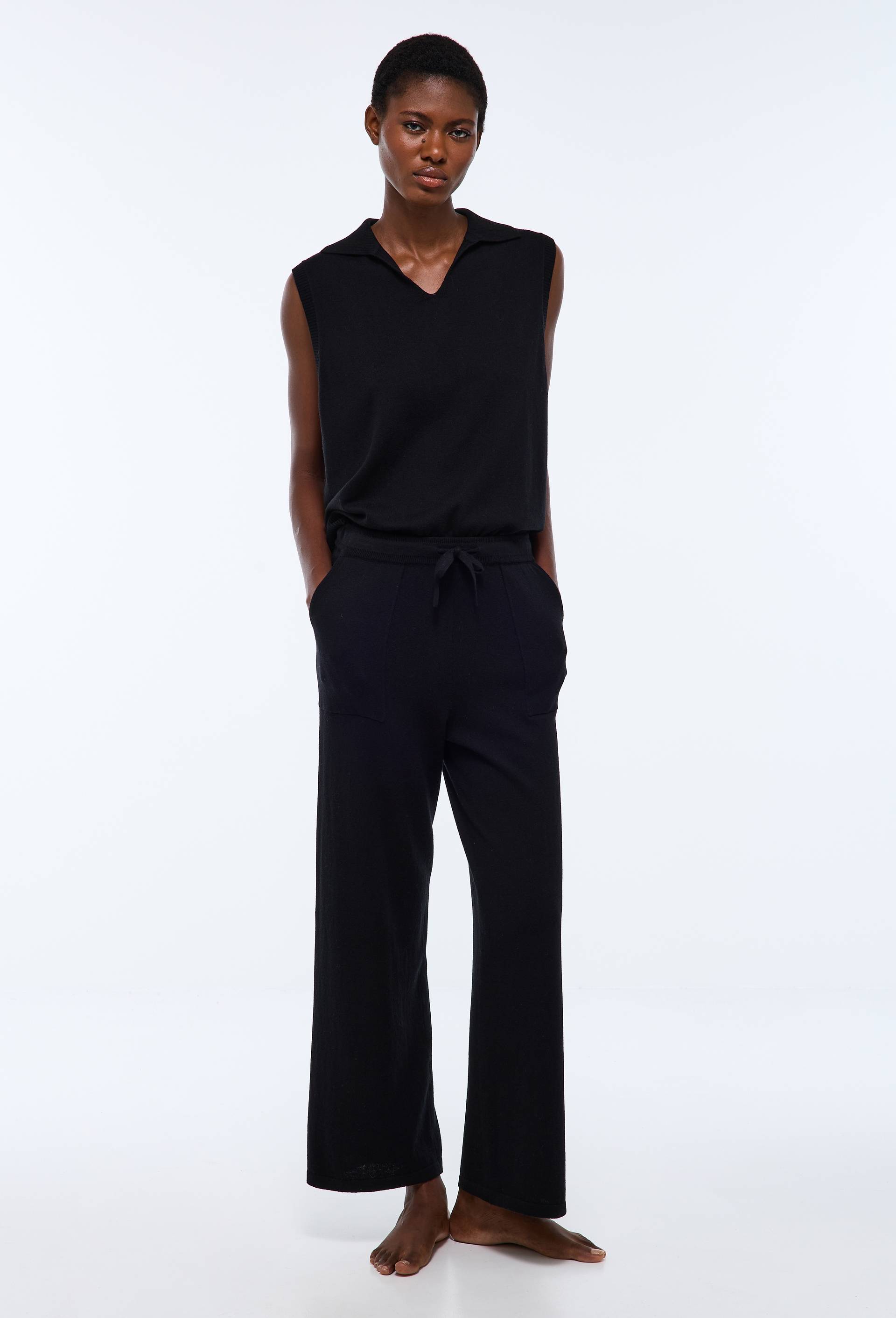 Pantalon large uni en coton et laine, Noir, large image number 0.0