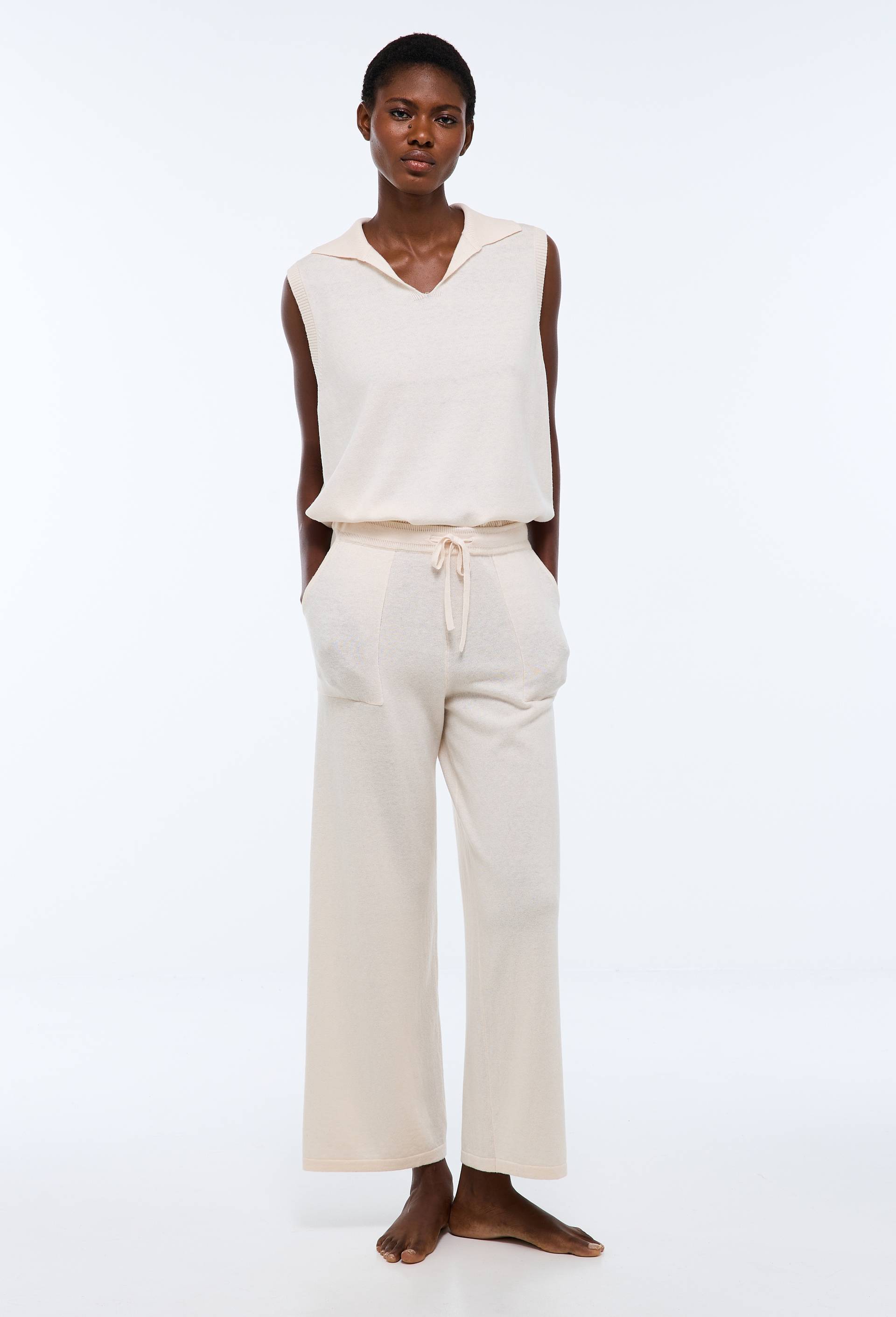 Pantalon large uni en coton et laine, Ecru, large image number 0