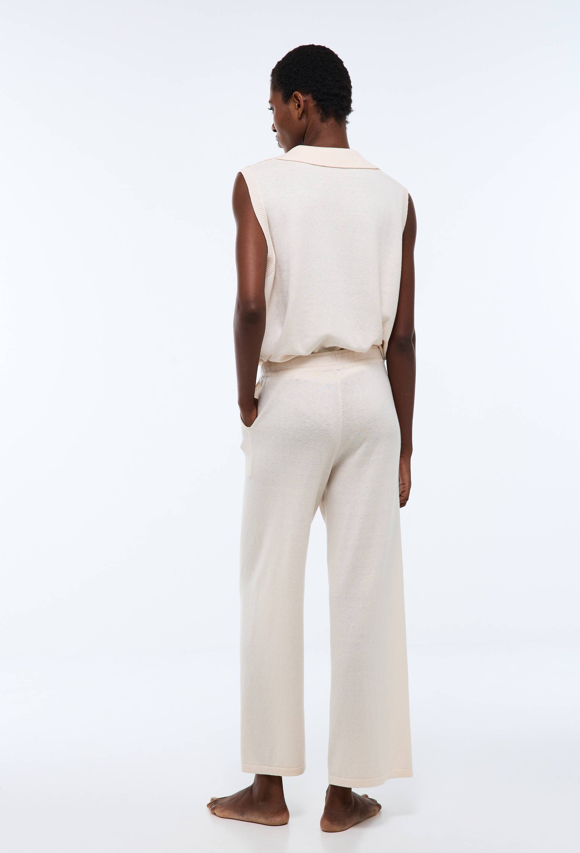 Pantalon large uni en coton et laine, Ecru, large image number 1