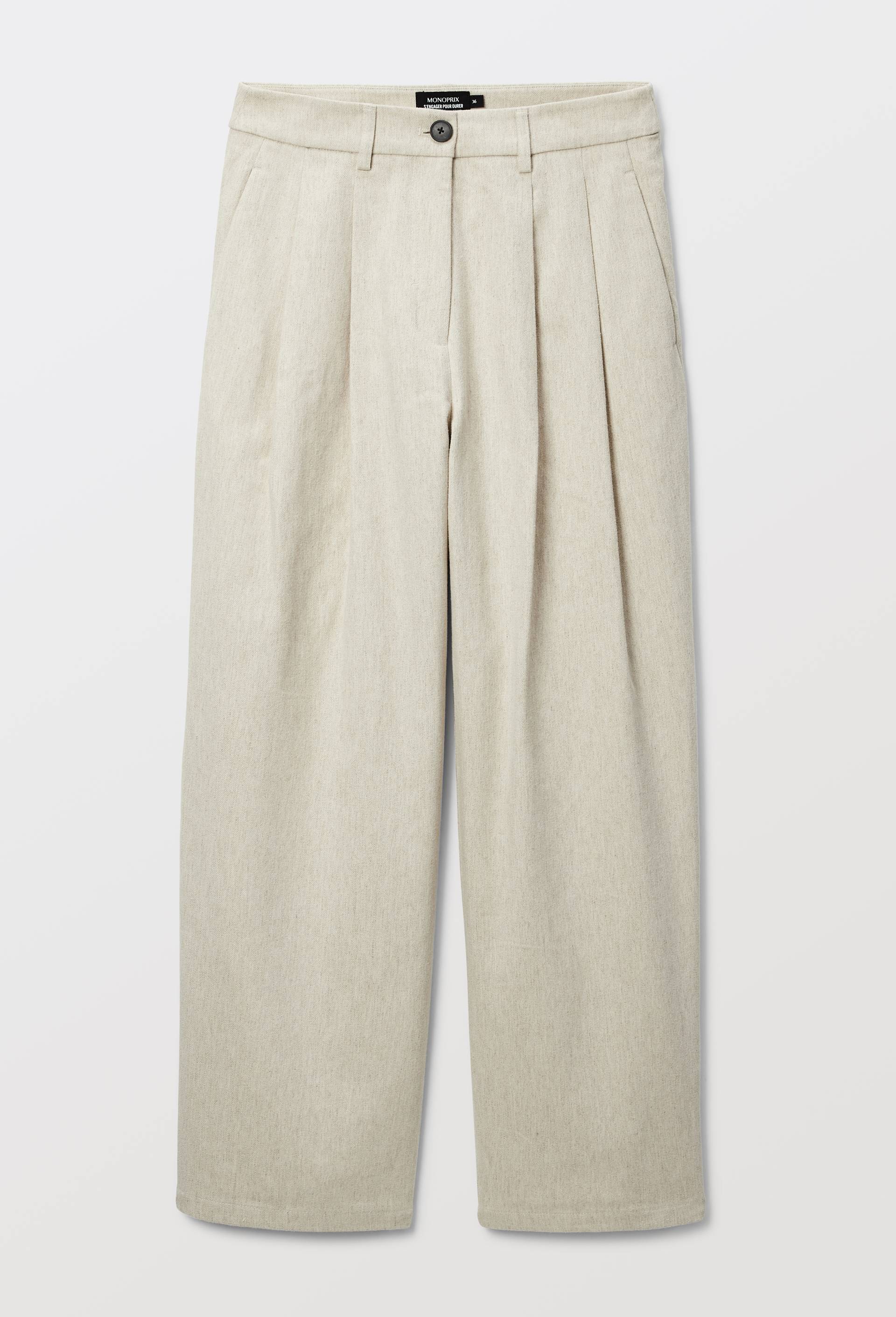 Pantalon &agrave; plis contenant du coton, Ecru, large image number 2.0
