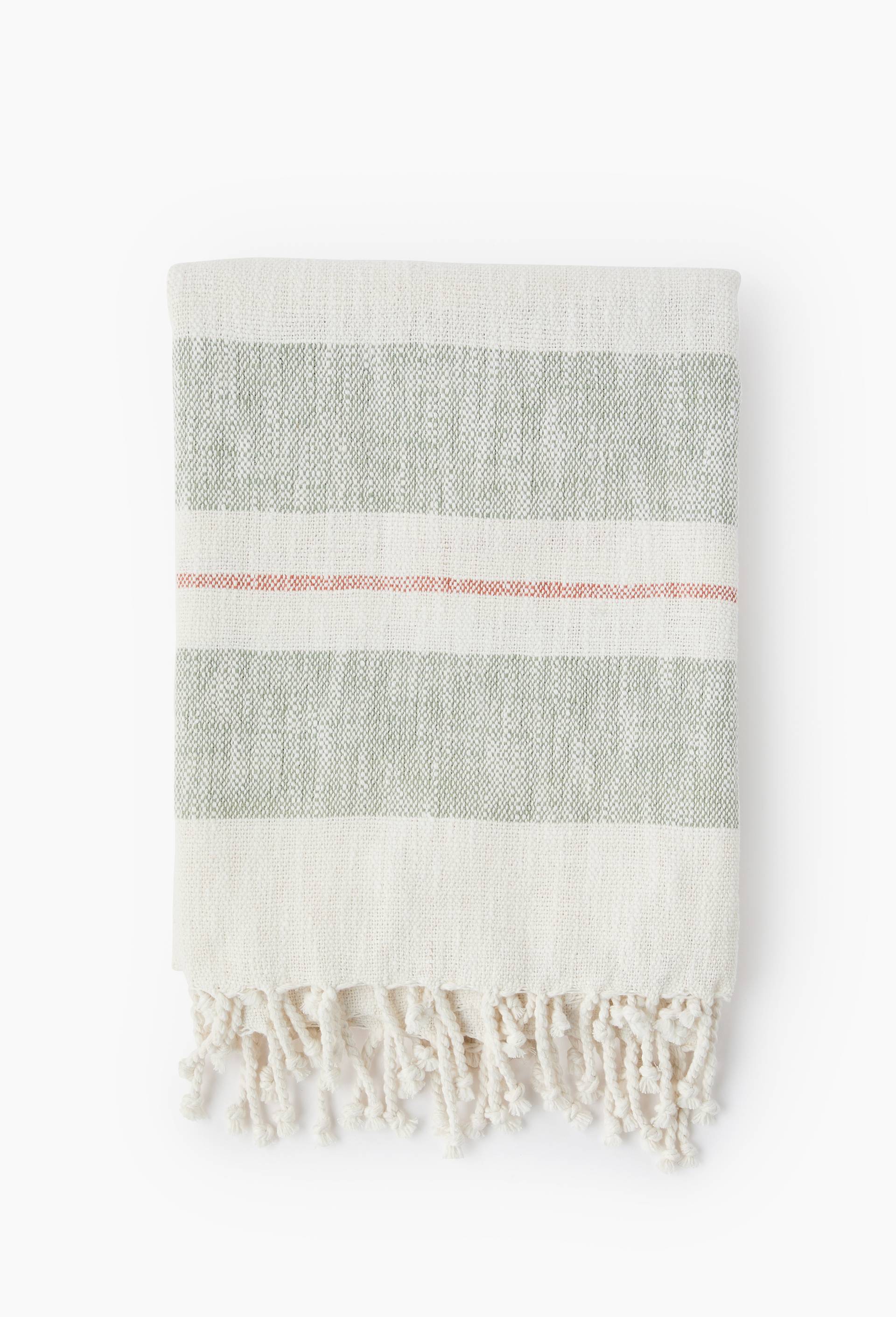 Plaid ray&eacute; avec franges, 130x170cm, 100% coton, Vert, large image number 1.0